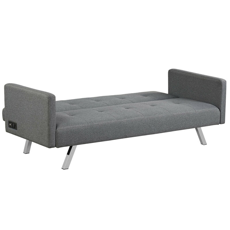 3 Seater Convertible Linen Futon Sofa Bed with Adjustable Backrest, USB Ports and Power Outlets, Grey