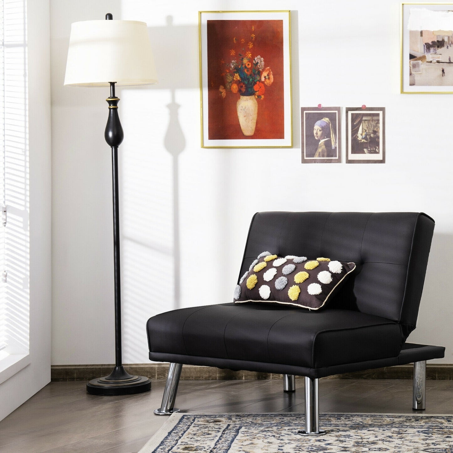 Adjustable PU Leather Single Sofa Chair with Folding Backrest and Metal Legs, Black