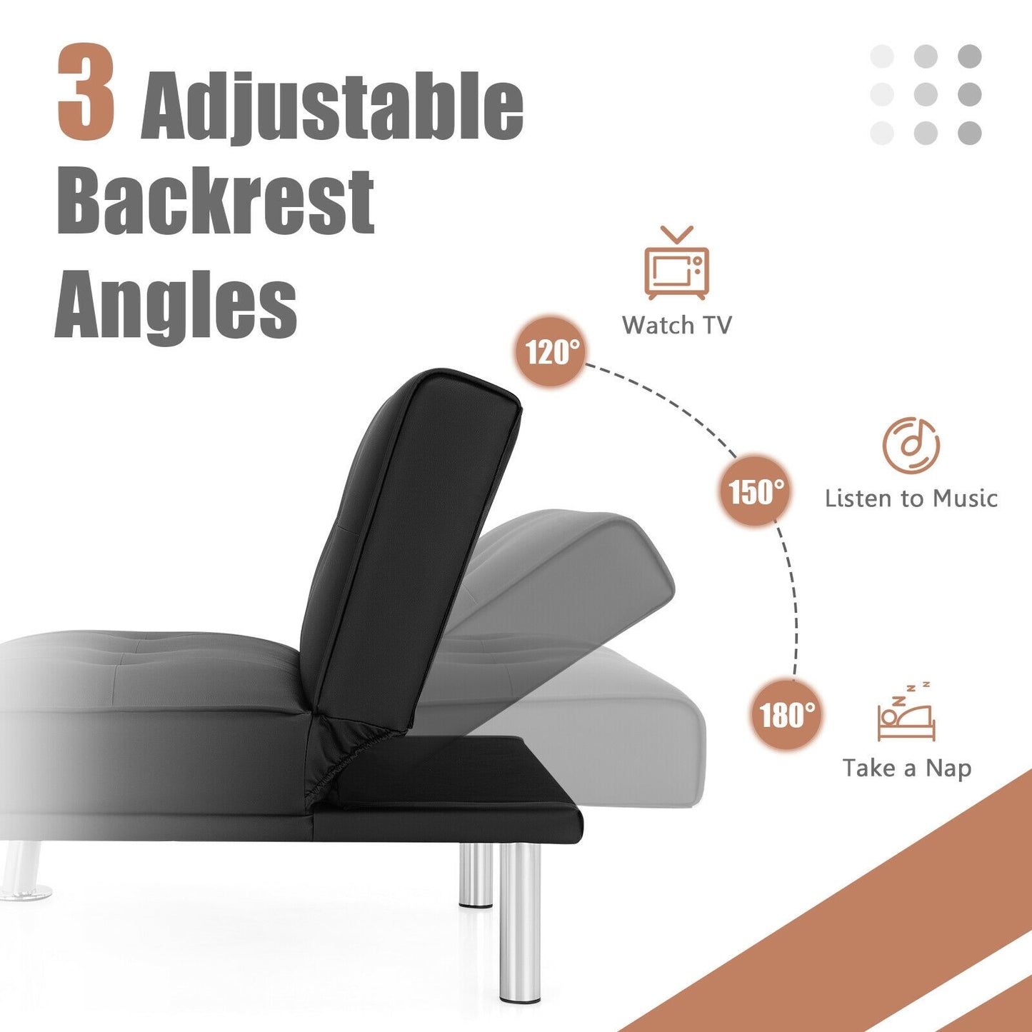 Adjustable PU Leather Single Sofa Chair with Folding Backrest and Metal Legs, Black