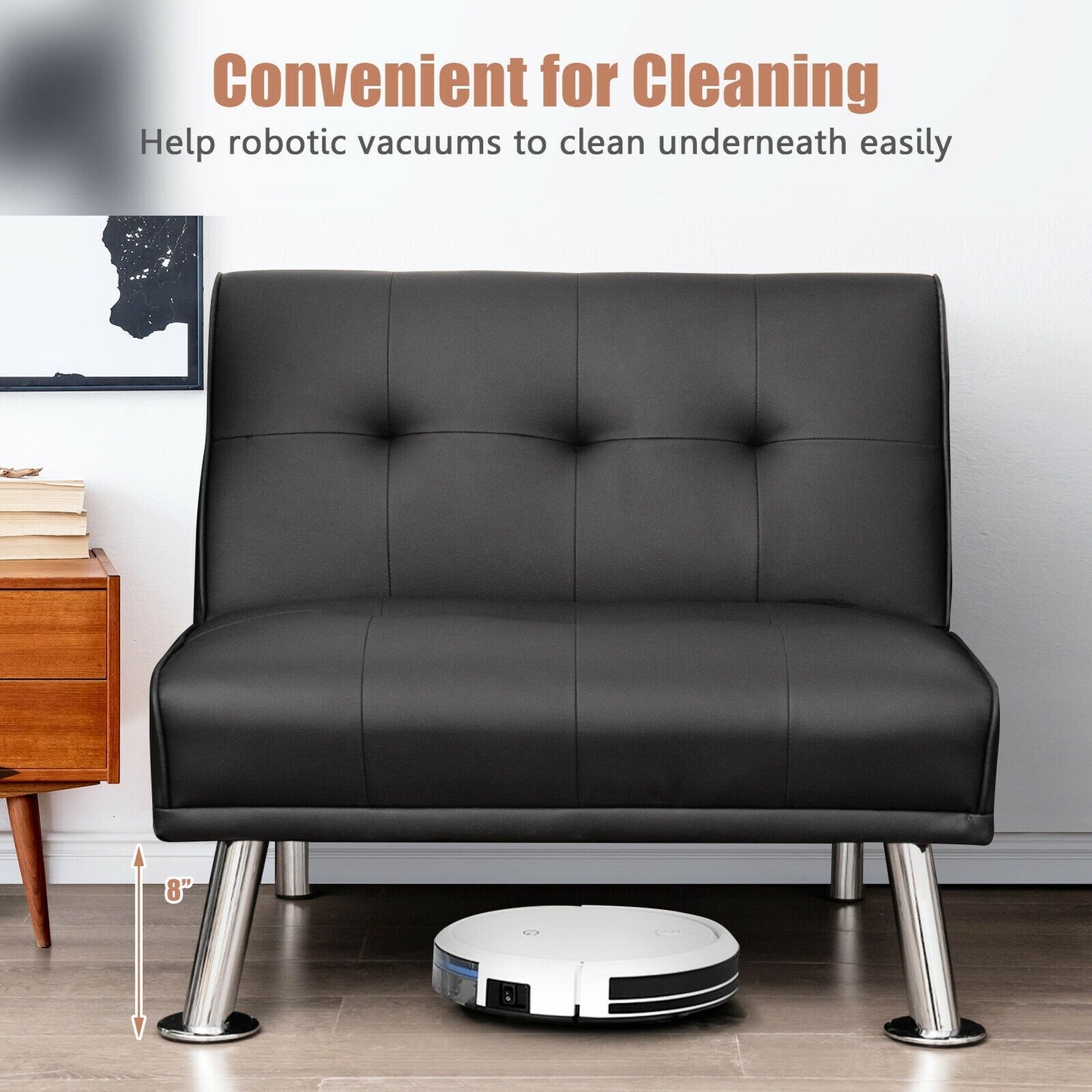 Adjustable PU Leather Single Sofa Chair with Folding Backrest and Metal Legs, Black
