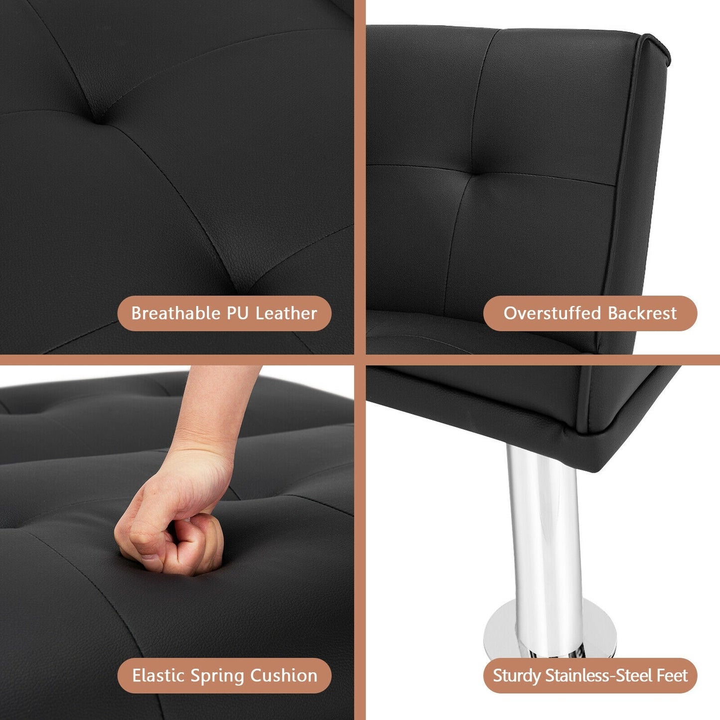 Adjustable PU Leather Single Sofa Chair with Folding Backrest and Metal Legs, Black