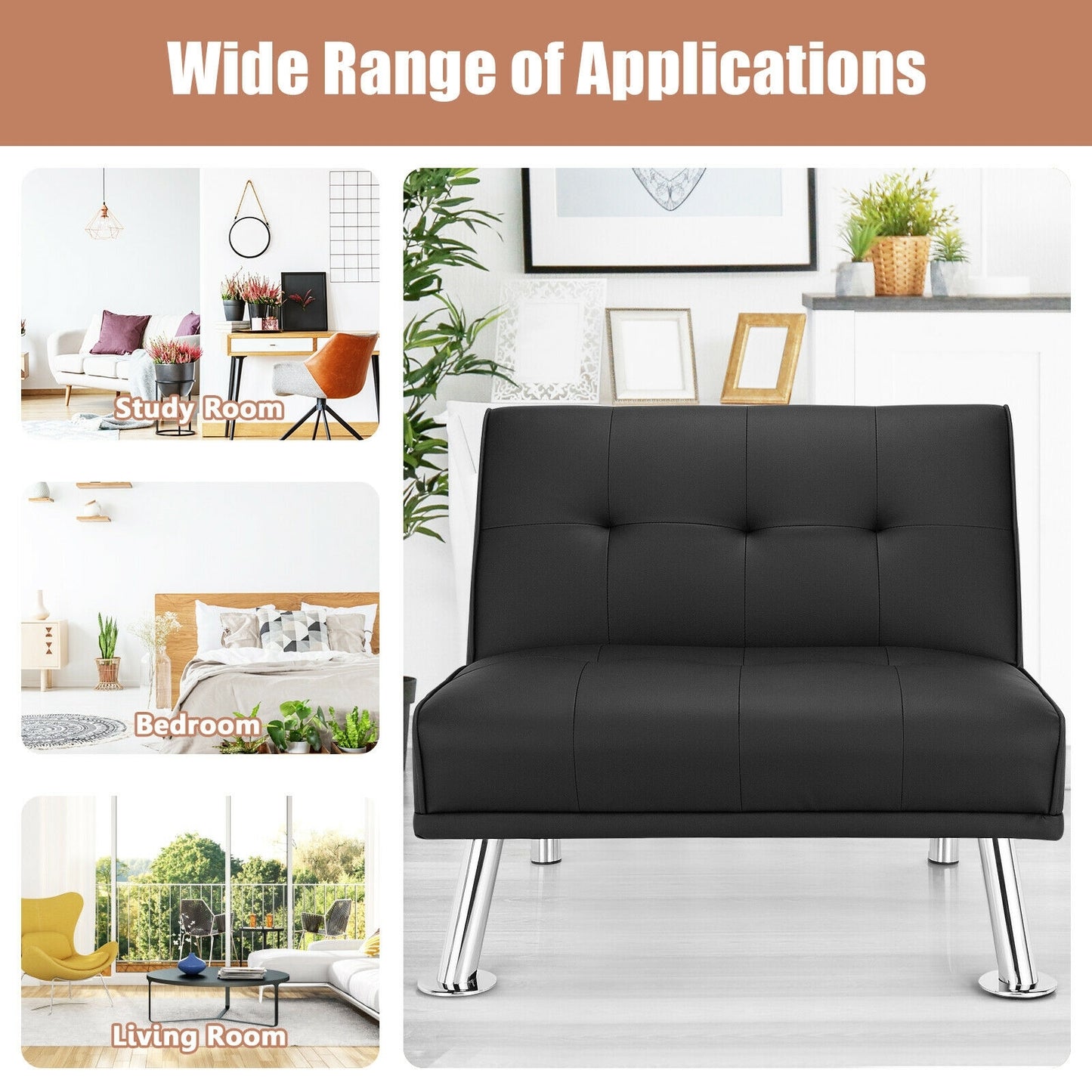Adjustable PU Leather Single Sofa Chair with Folding Backrest and Metal Legs, Black