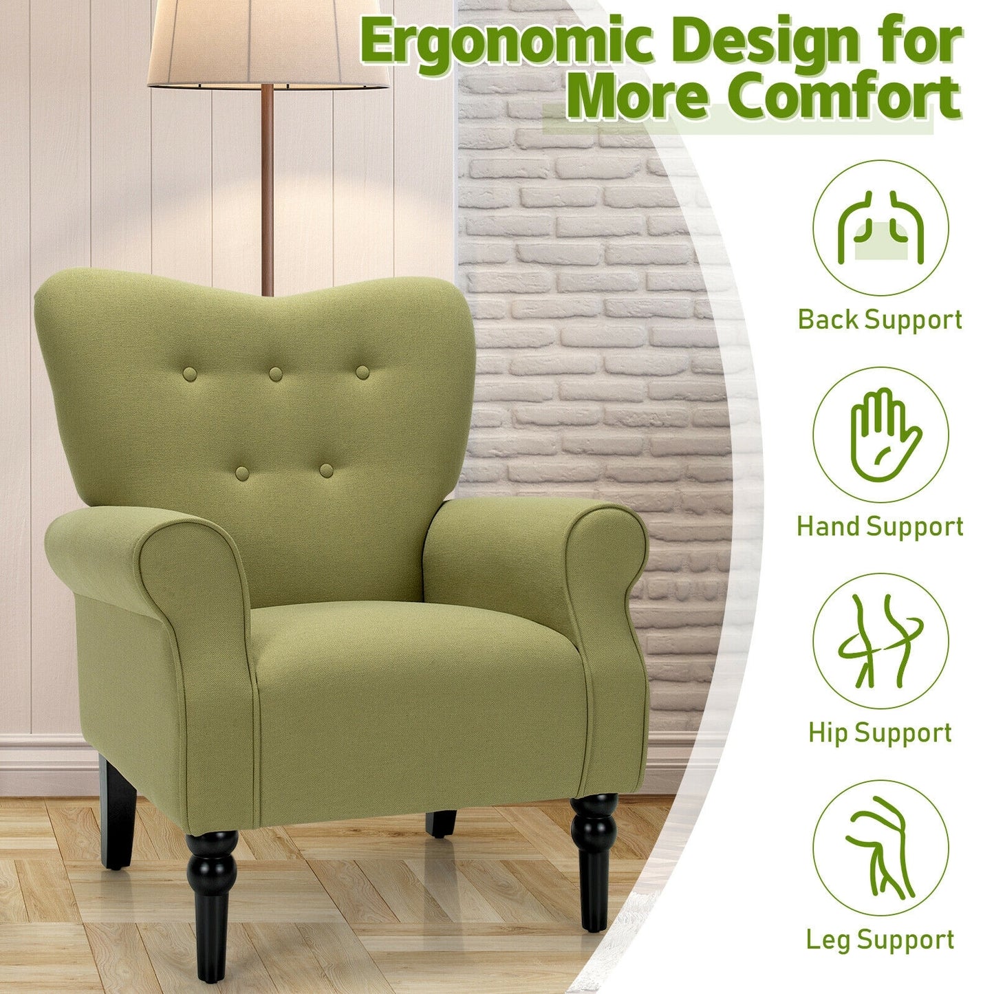 Elegant Tufted Back Armchair with Rubber Wood Legs and Cushioned Seat - Green