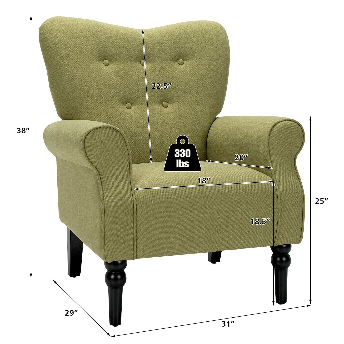 Elegant Tufted Back Armchair with Rubber Wood Legs and Cushioned Seat - Green