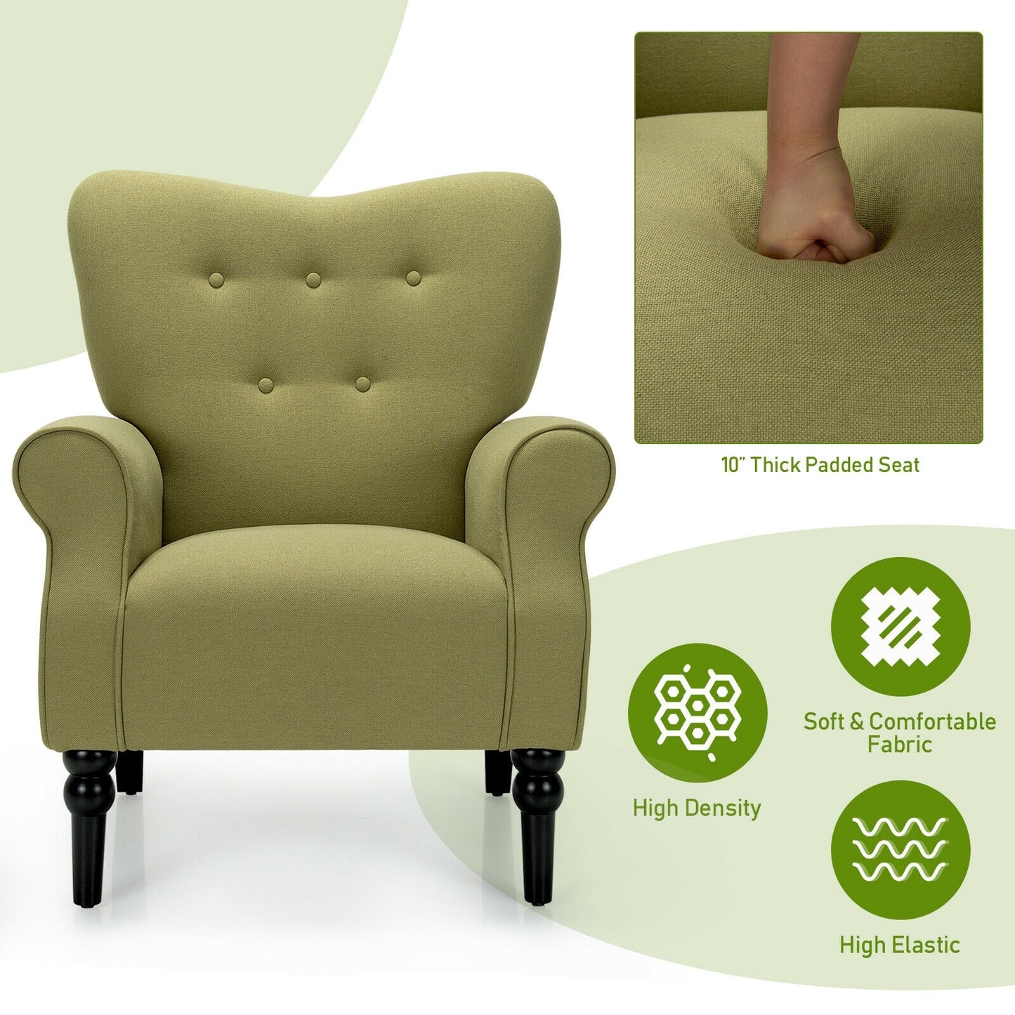 Elegant Tufted Back Armchair with Rubber Wood Legs and Cushioned Seat - Green