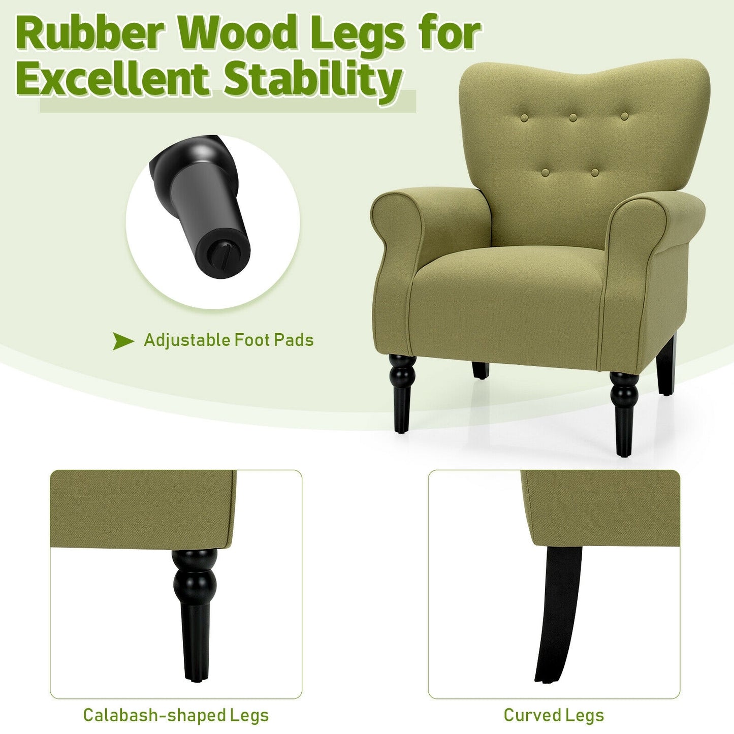 Elegant Tufted Back Armchair with Rubber Wood Legs and Cushioned Seat - Green