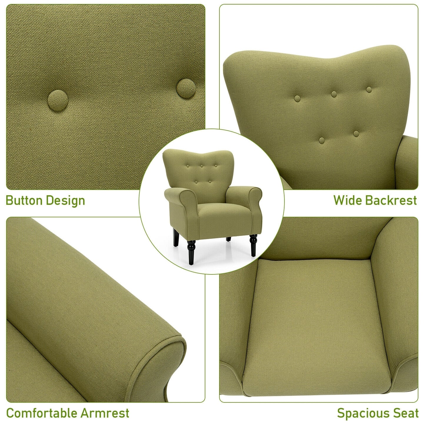 Elegant Tufted Back Armchair with Rubber Wood Legs and Cushioned Seat - Green