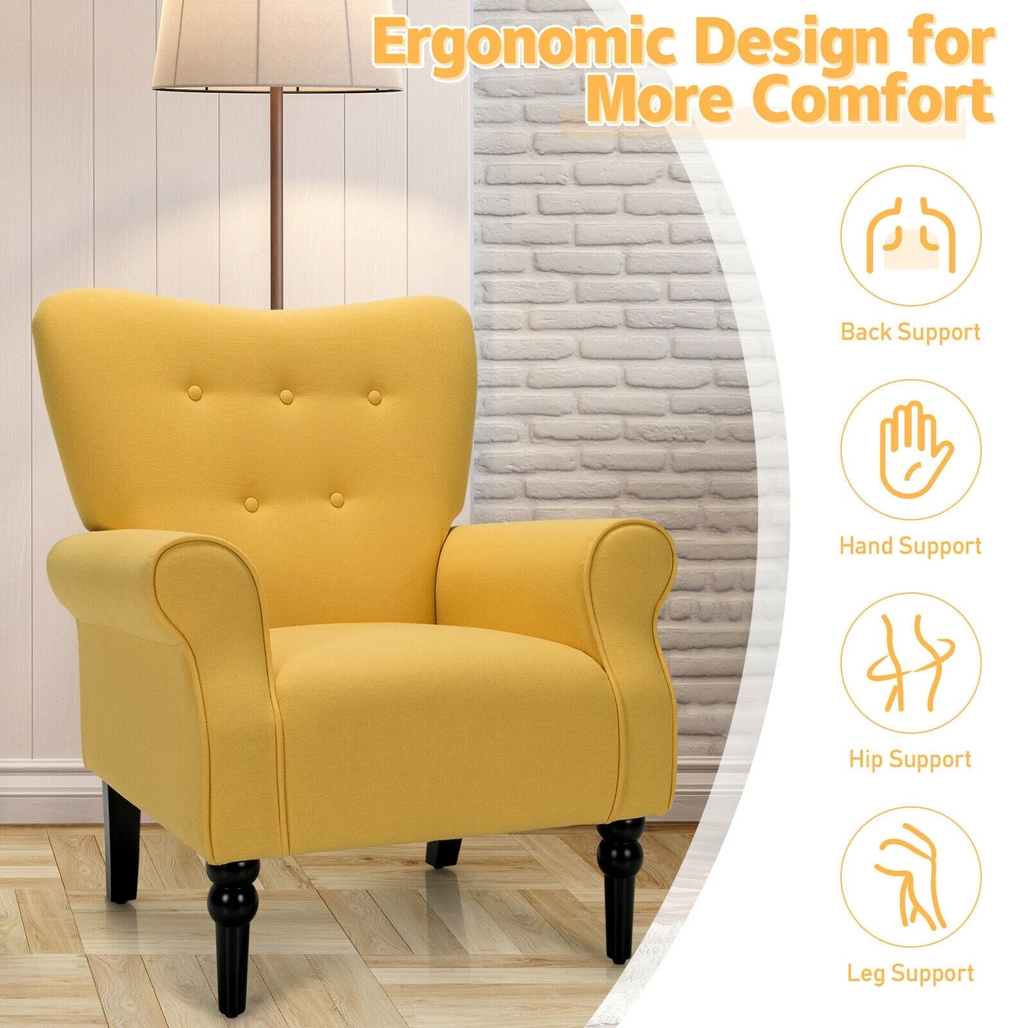 Elegant Tufted Back Armchair with Rubber Wood Legs and Cushioned Seat - Yellow