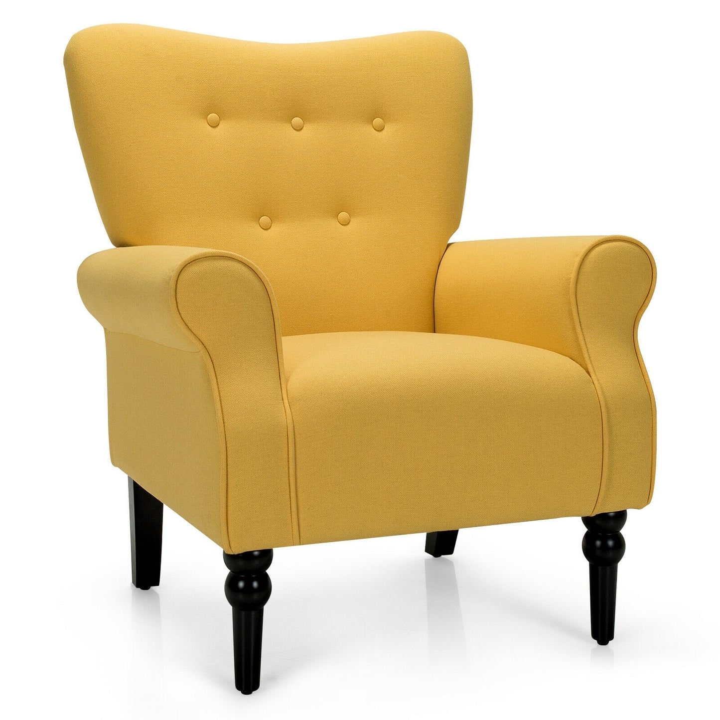 Elegant Tufted Back Armchair with Rubber Wood Legs and Cushioned Seat - Yellow