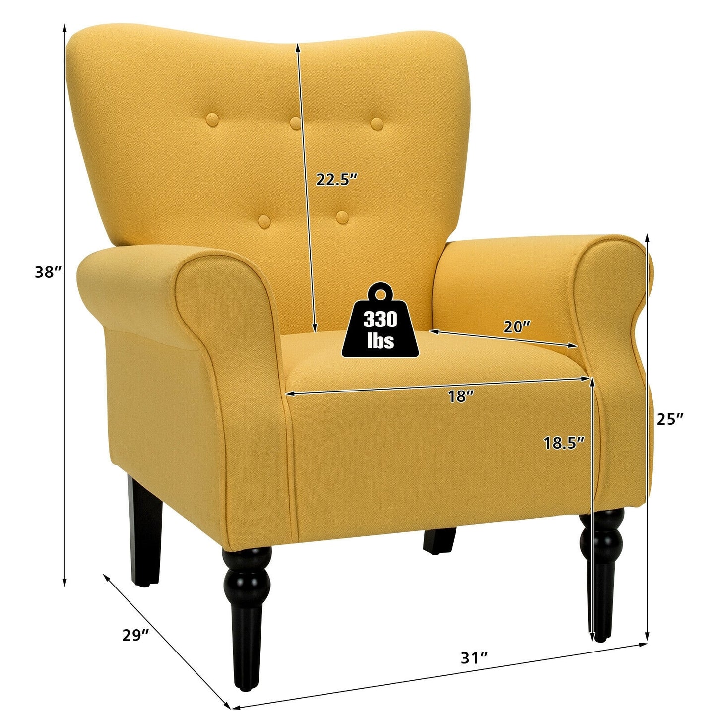Elegant Tufted Back Armchair with Rubber Wood Legs and Cushioned Seat - Yellow