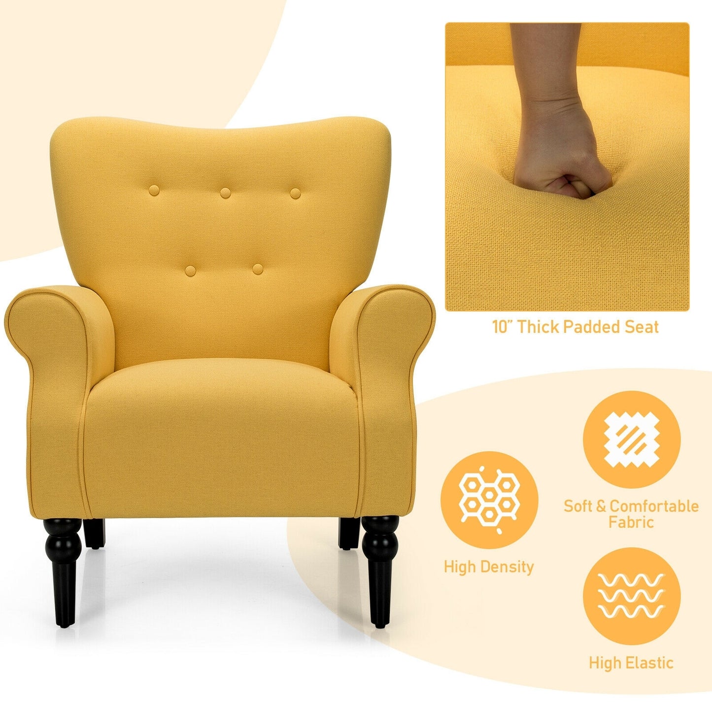 Elegant Tufted Back Armchair with Rubber Wood Legs and Cushioned Seat - Yellow