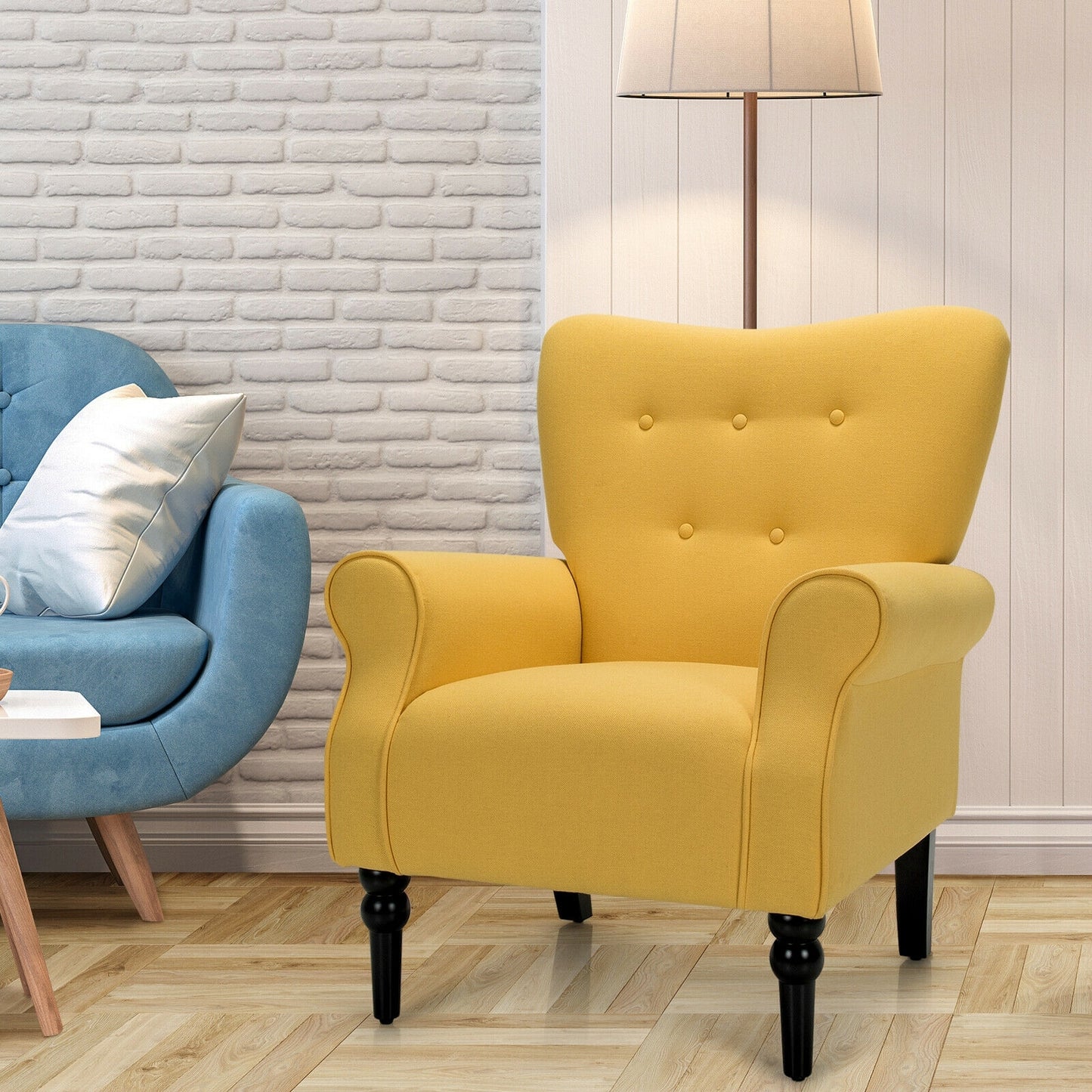 Elegant Tufted Back Armchair with Rubber Wood Legs and Cushioned Seat - Yellow