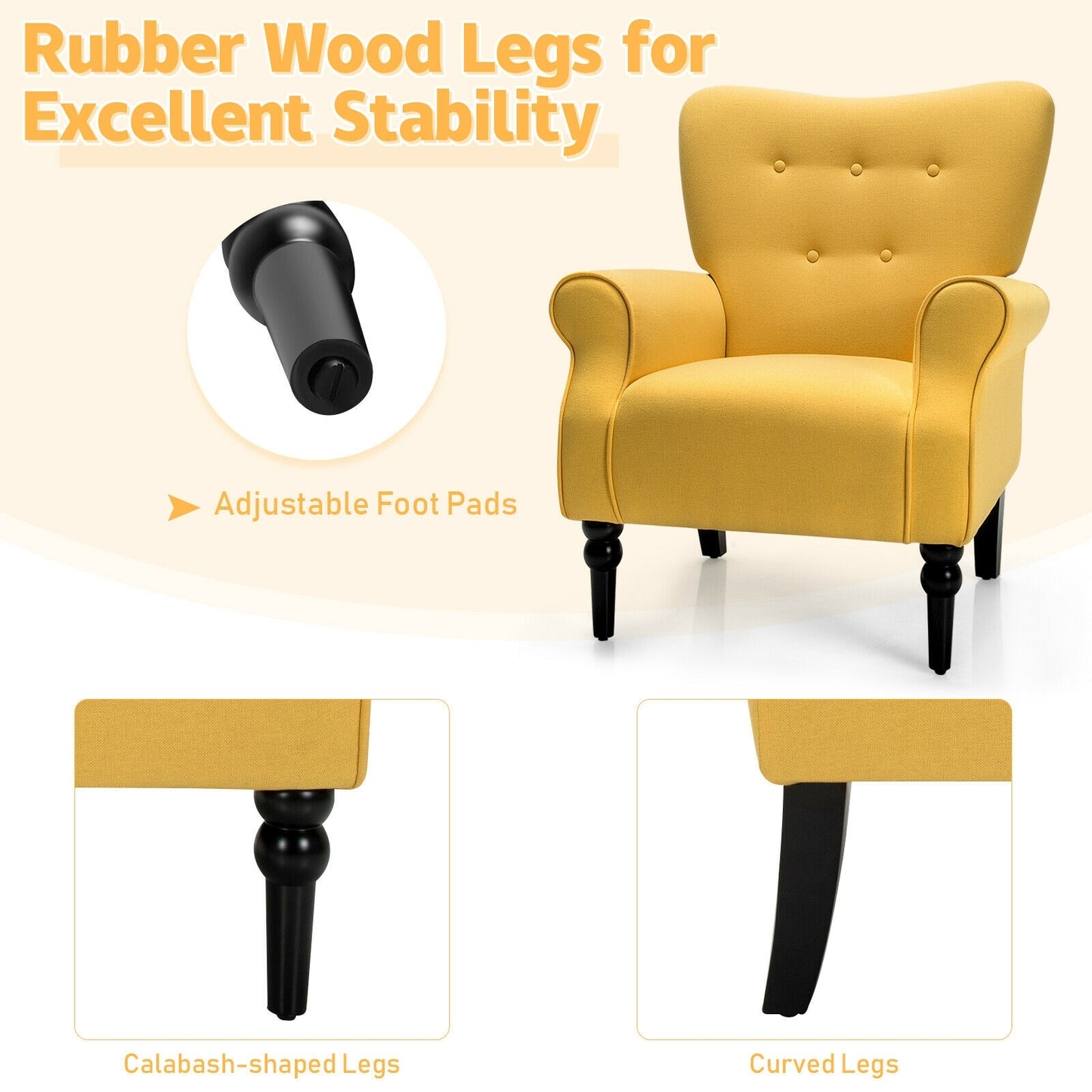 Elegant Tufted Back Armchair with Rubber Wood Legs and Cushioned Seat - Yellow