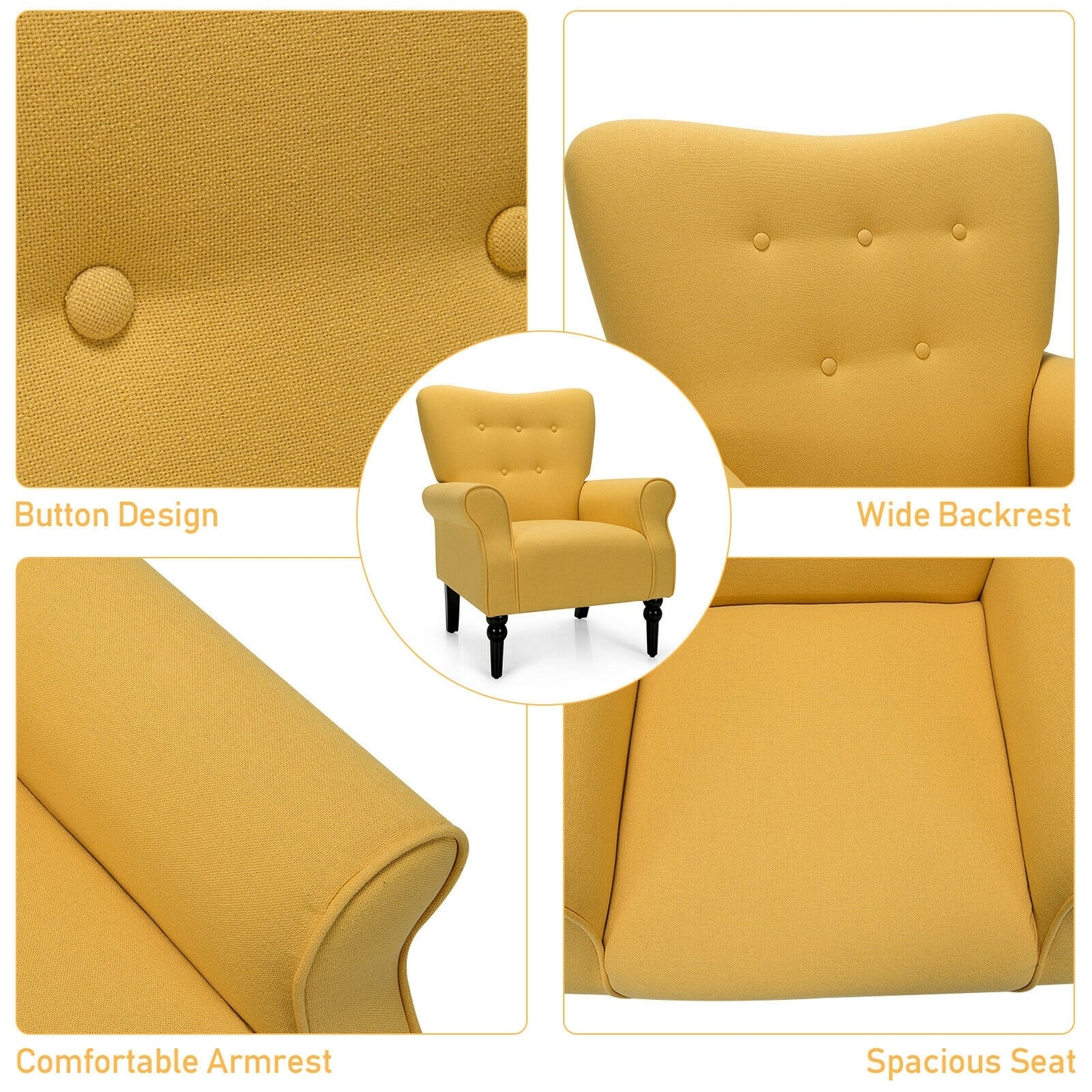 Elegant Tufted Back Armchair with Rubber Wood Legs and Cushioned Seat - Yellow