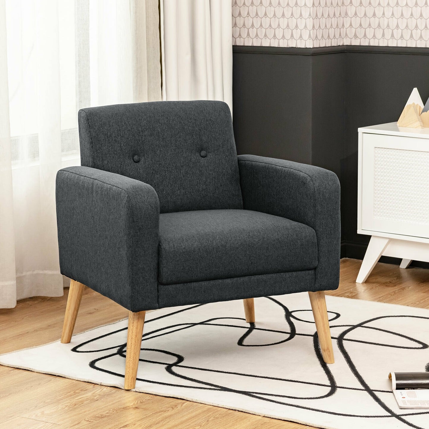 Modern Linen Upholstered Accent Chair with Ergonomic Backrest and Solid Rubber Wood Legs
