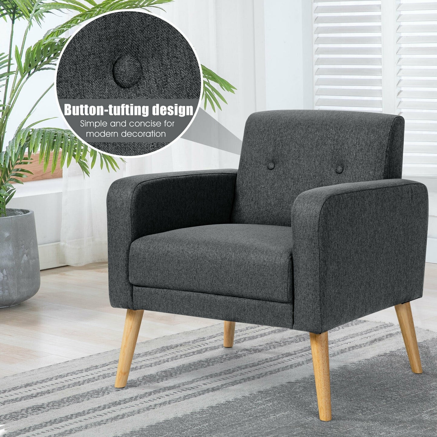 Modern Linen Upholstered Accent Chair with Ergonomic Backrest and Solid Rubber Wood Legs