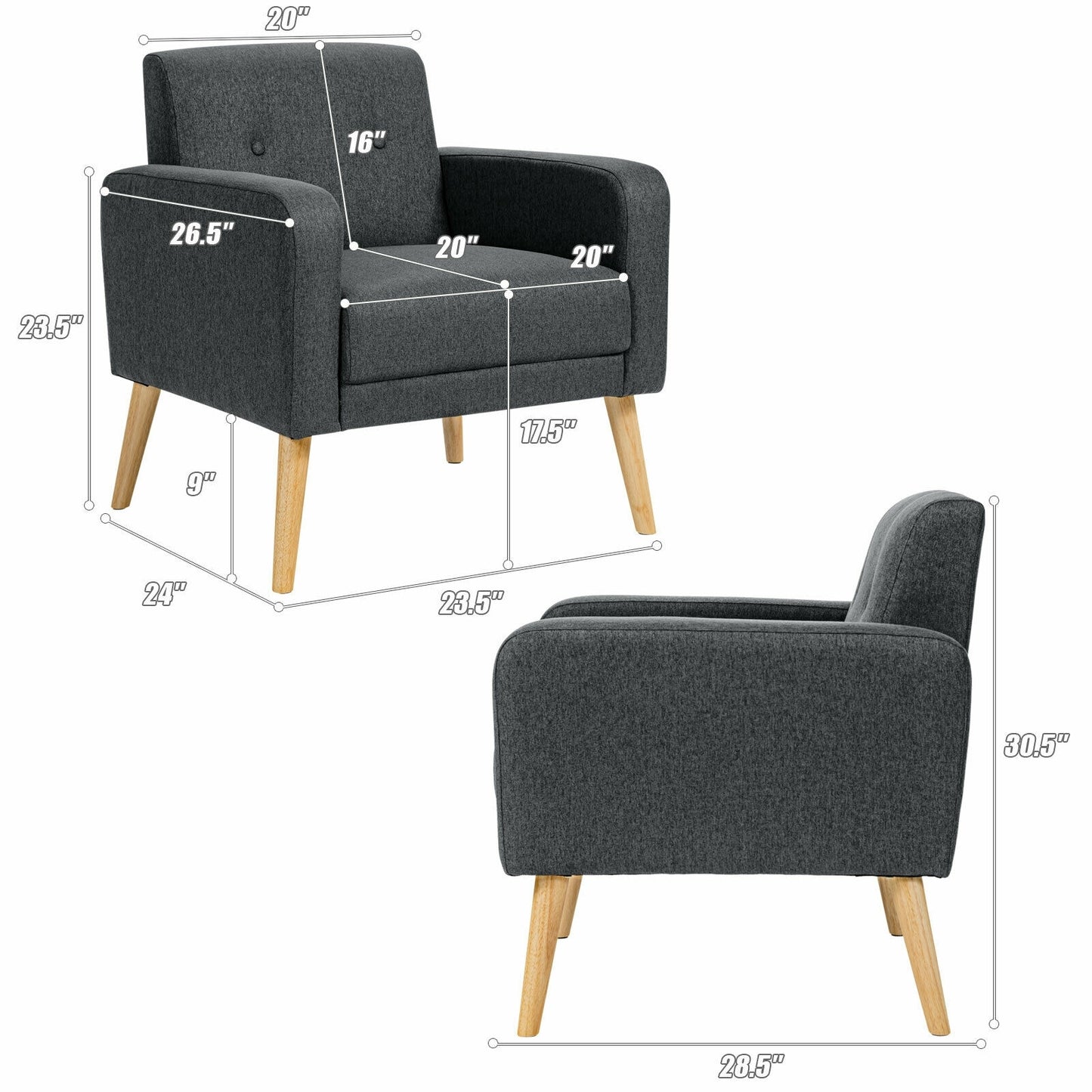 Modern Linen Upholstered Accent Chair with Ergonomic Backrest and Solid Rubber Wood Legs