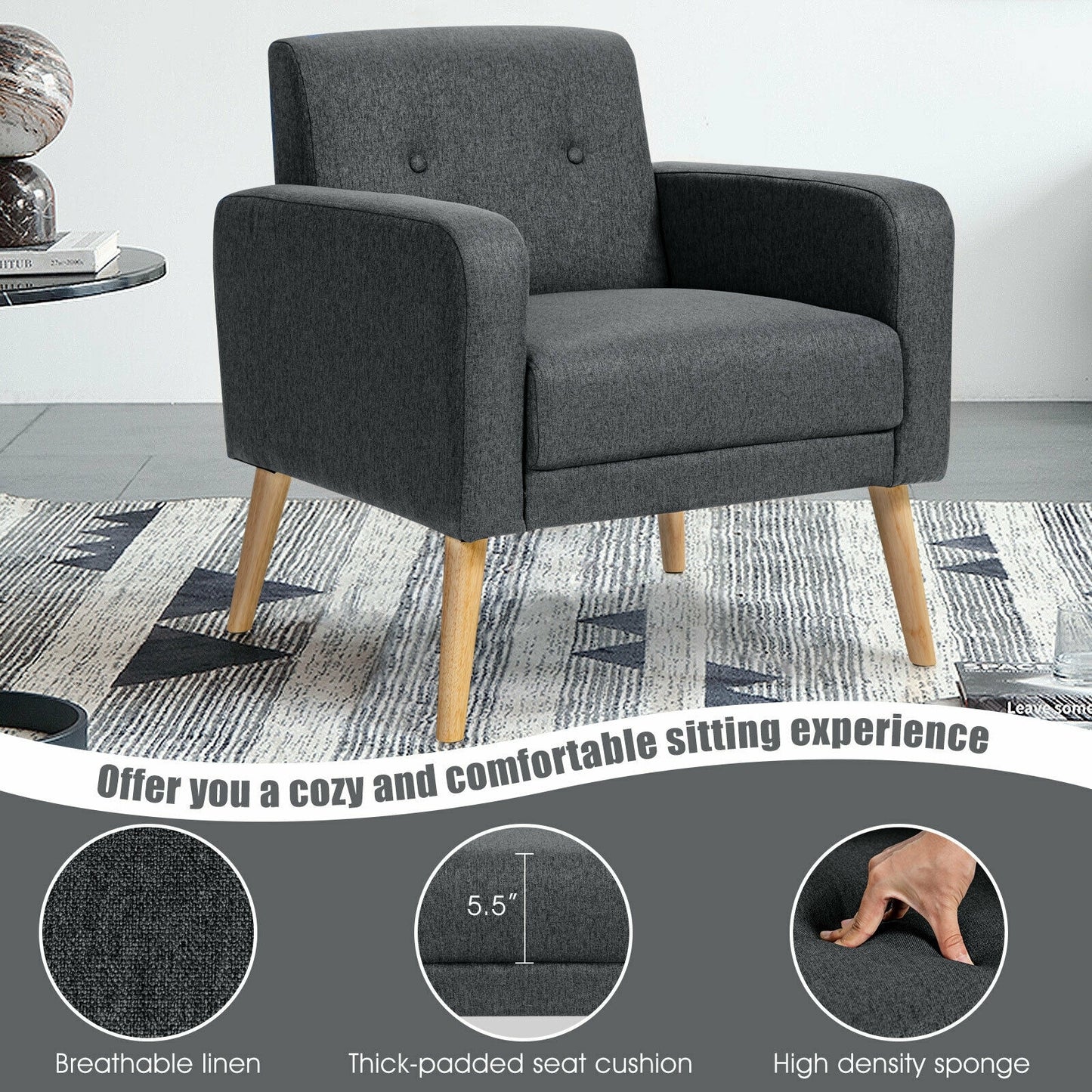Modern Linen Upholstered Accent Chair with Ergonomic Backrest and Solid Rubber Wood Legs
