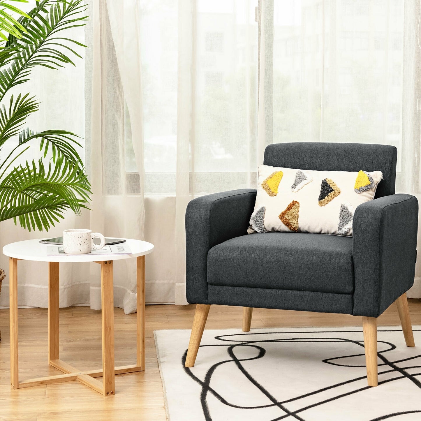 Modern Linen Upholstered Accent Chair with Ergonomic Backrest and Solid Rubber Wood Legs