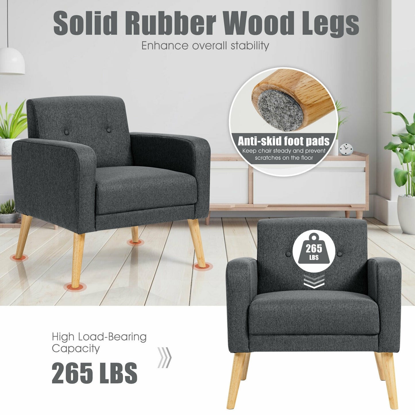 Modern Linen Upholstered Accent Chair with Ergonomic Backrest and Solid Rubber Wood Legs