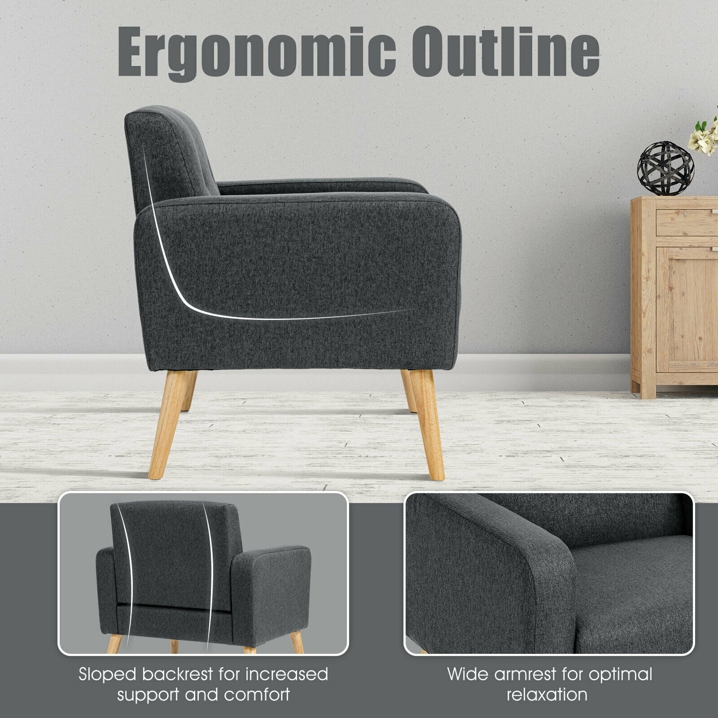 Modern Linen Upholstered Accent Chair with Ergonomic Backrest and Solid Rubber Wood Legs