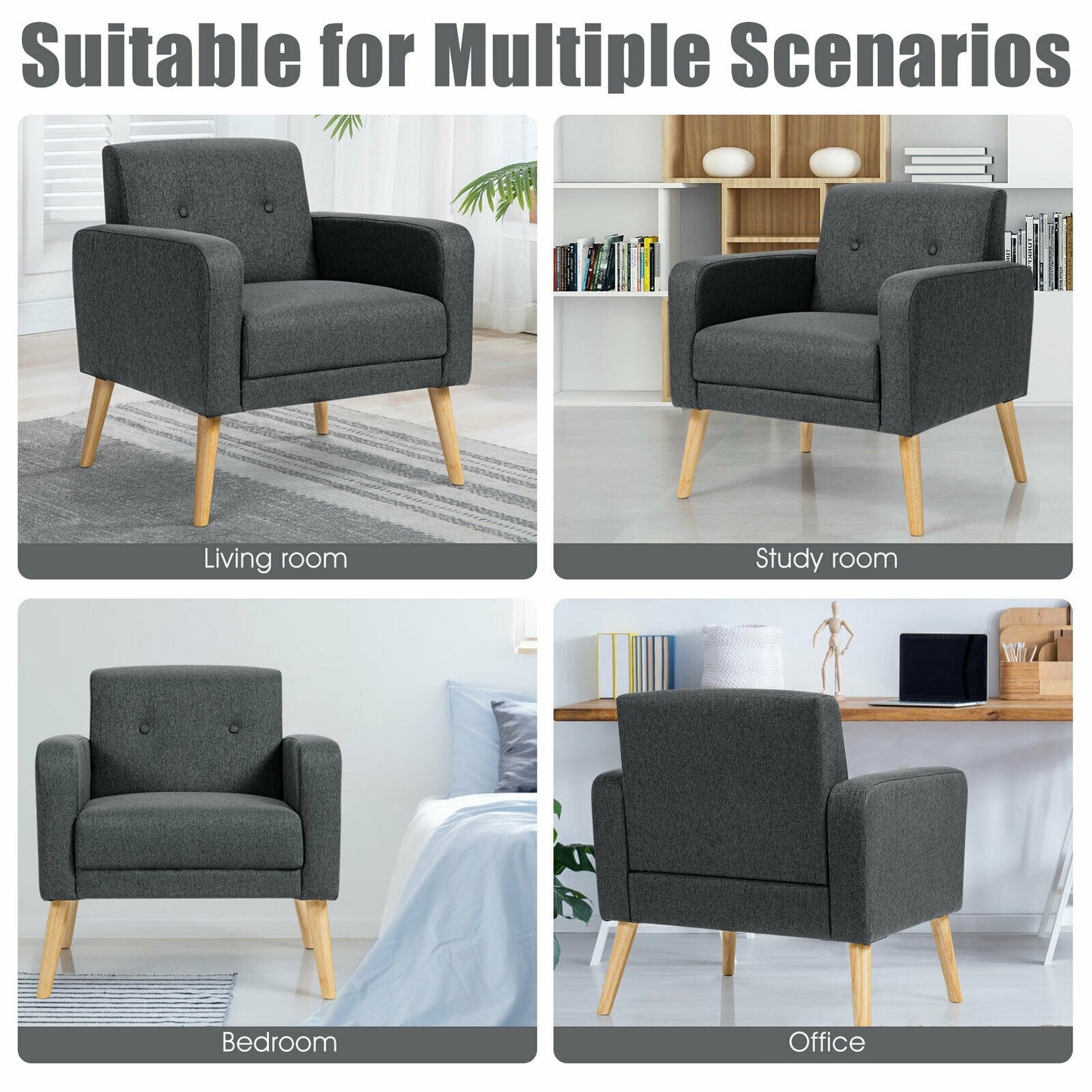 Modern Linen Upholstered Accent Chair with Ergonomic Backrest and Solid Rubber Wood Legs