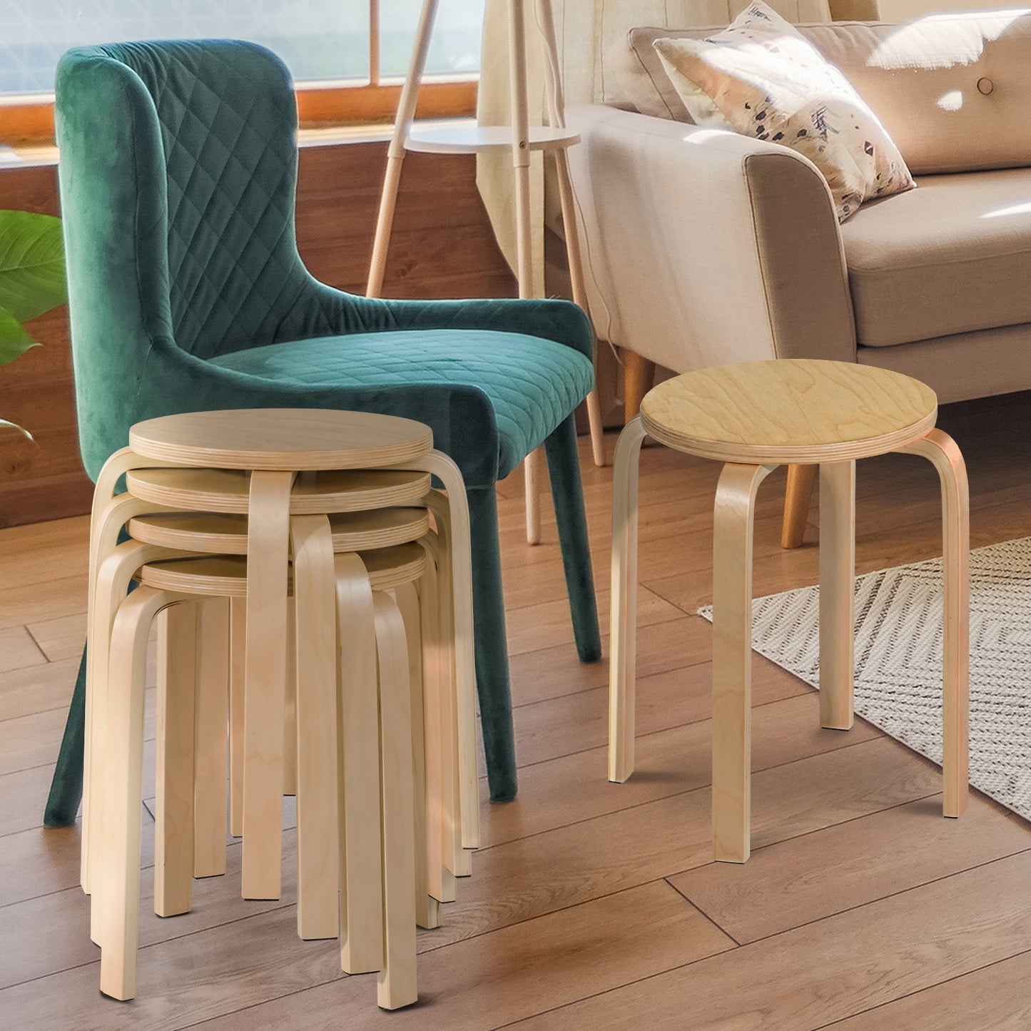 Set of 4 Stackable 18-Inch Bentwood Dining Stools with Round Seat - Natural Finish