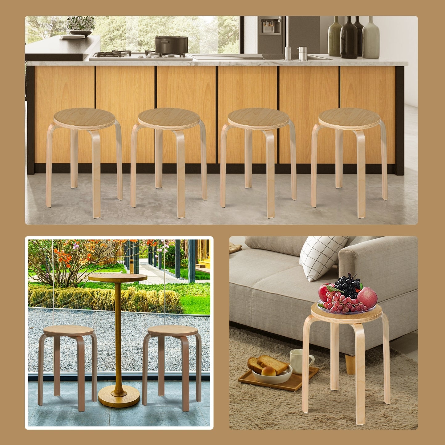 Set of 4 Stackable 18-Inch Bentwood Dining Stools with Round Seat - Natural Finish