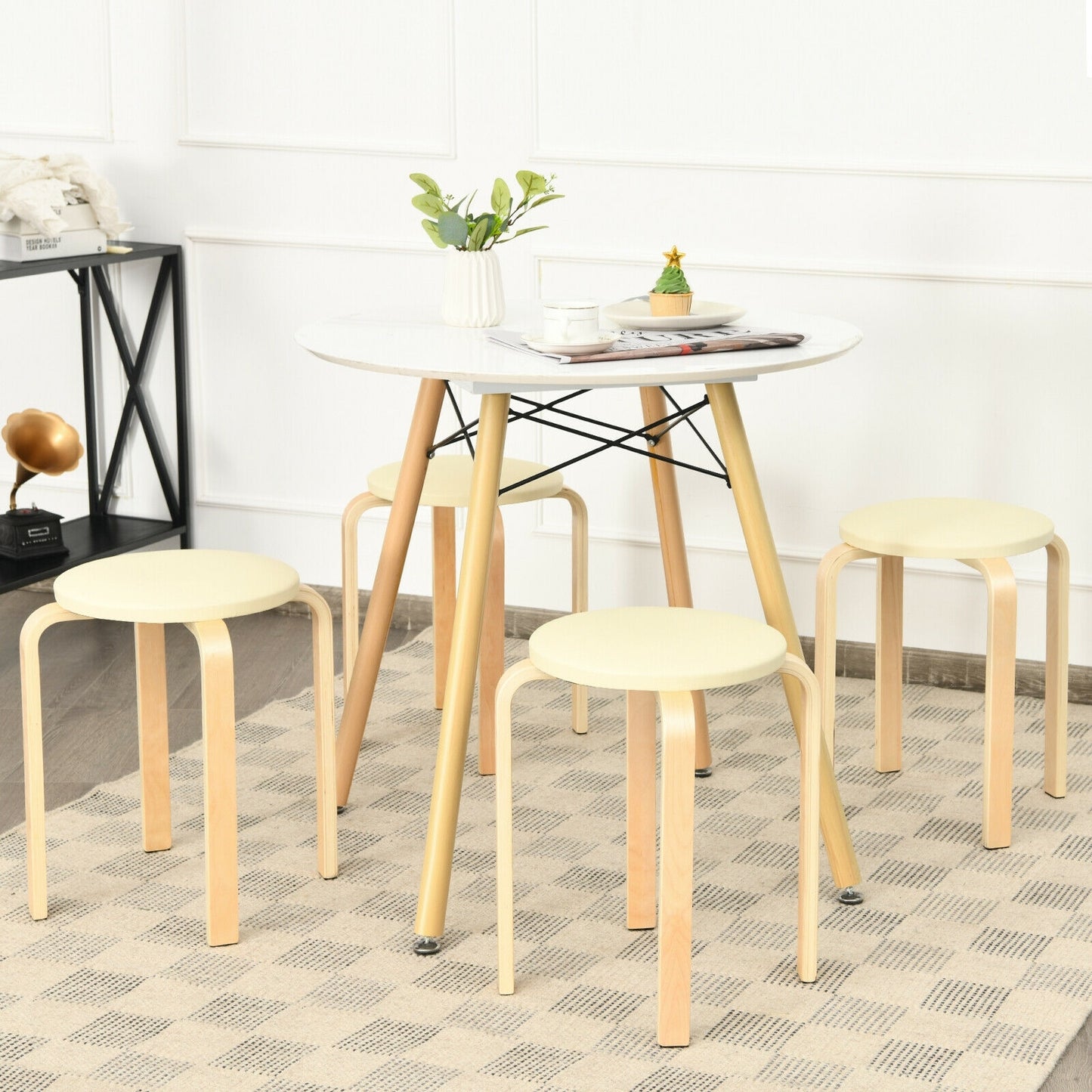 Bentwood Stackable Stools with PU Leather Cushioned Seat – Set of 4, Beige