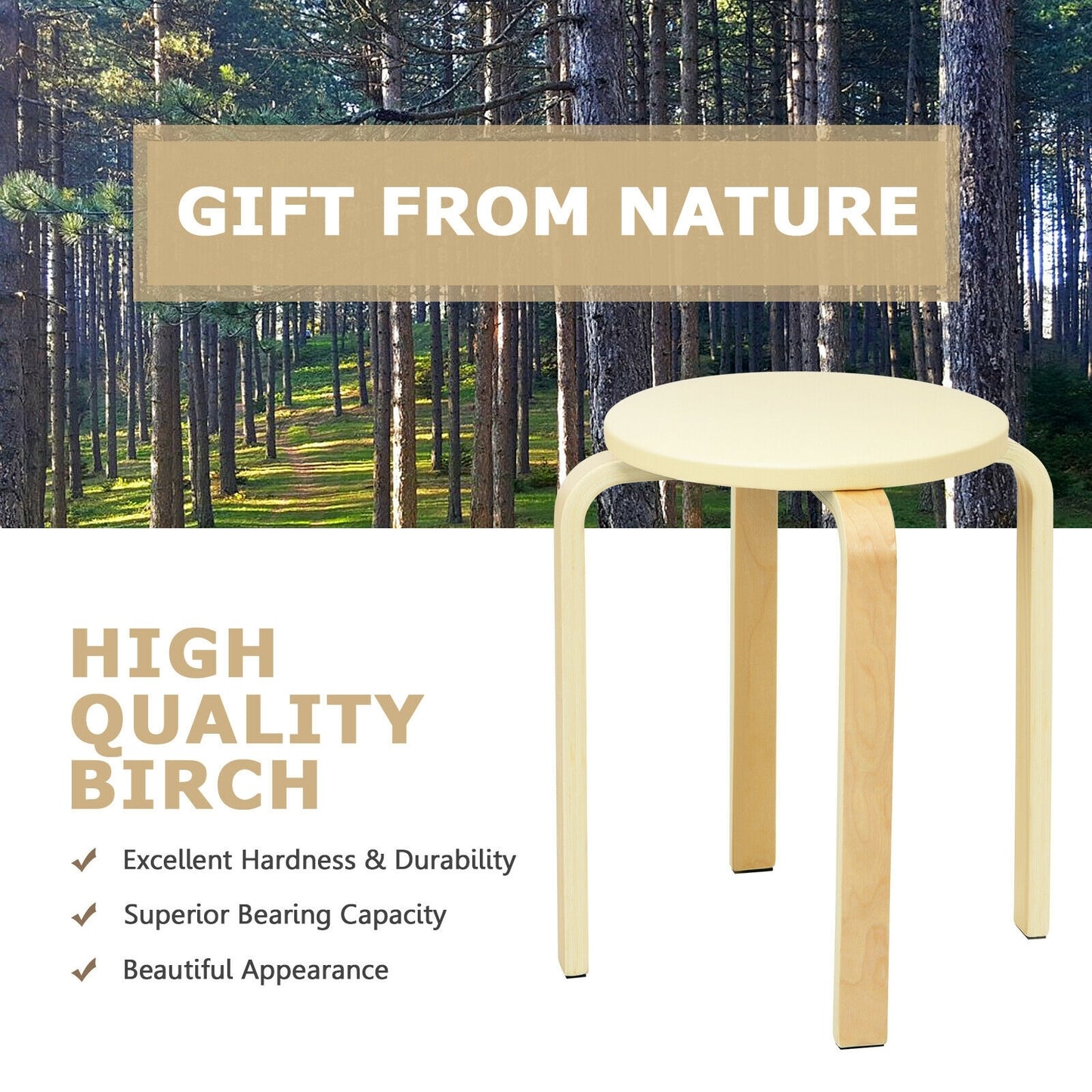 Bentwood Stackable Stools with PU Leather Cushioned Seat – Set of 4, Beige