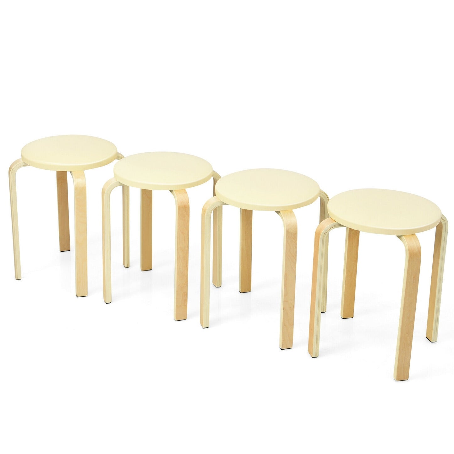 Bentwood Stackable Stools with PU Leather Cushioned Seat – Set of 4, Beige