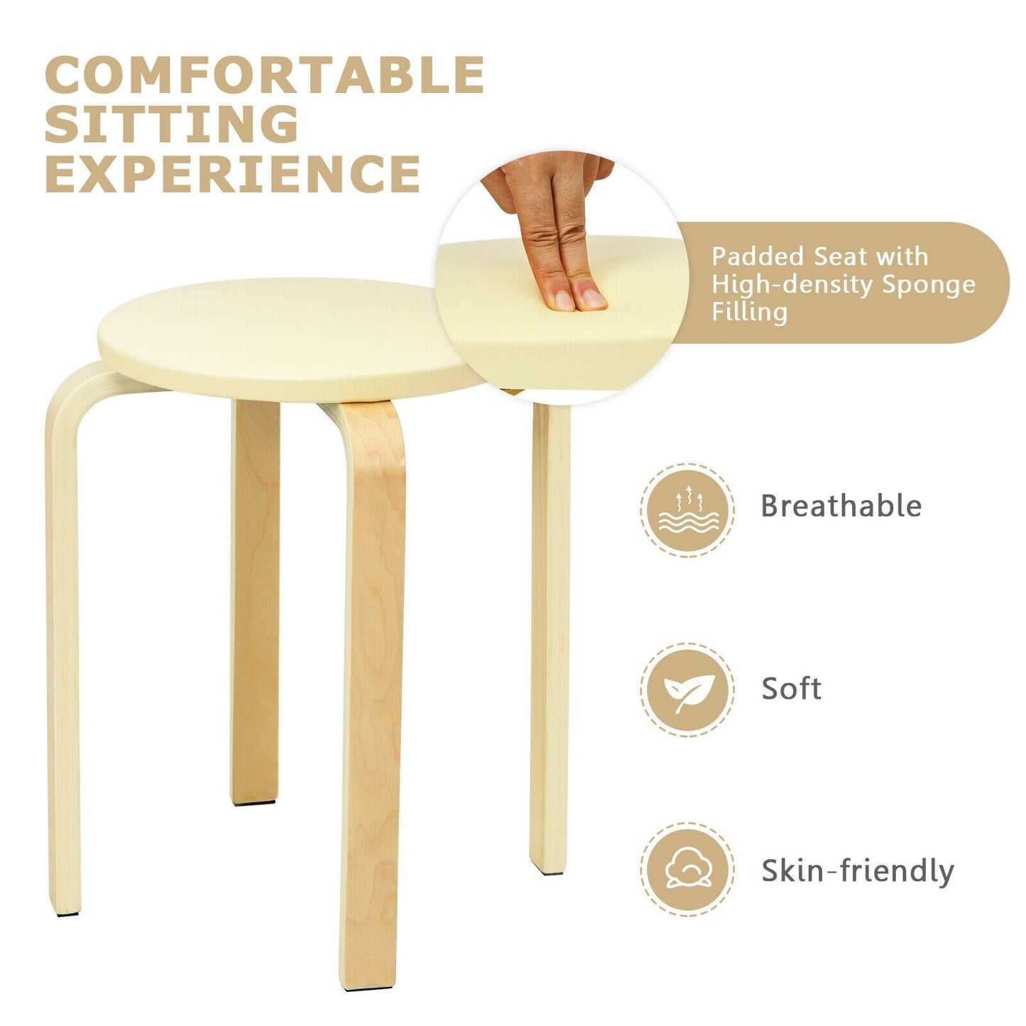 Bentwood Stackable Stools with PU Leather Cushioned Seat – Set of 4, Beige