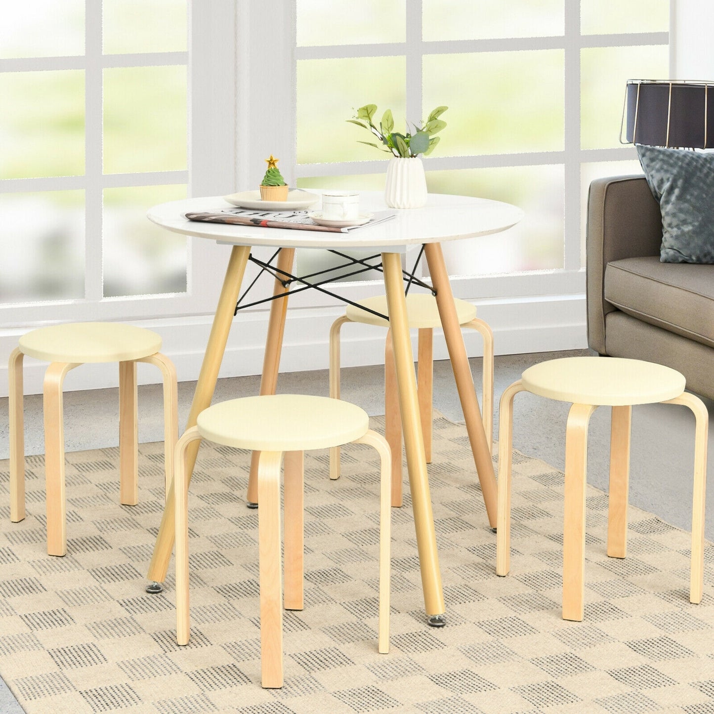 Bentwood Stackable Stools with PU Leather Cushioned Seat – Set of 4, Beige