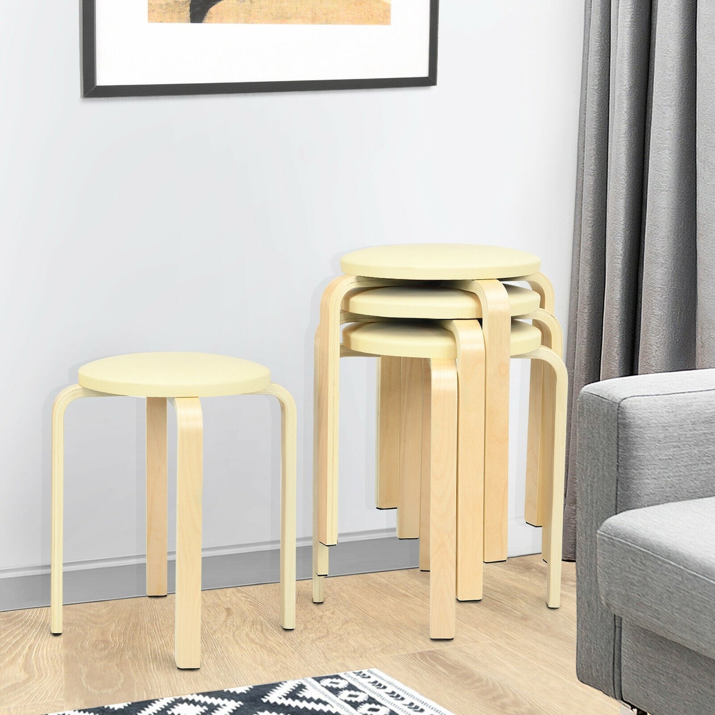 Bentwood Stackable Stools with PU Leather Cushioned Seat – Set of 4, Beige