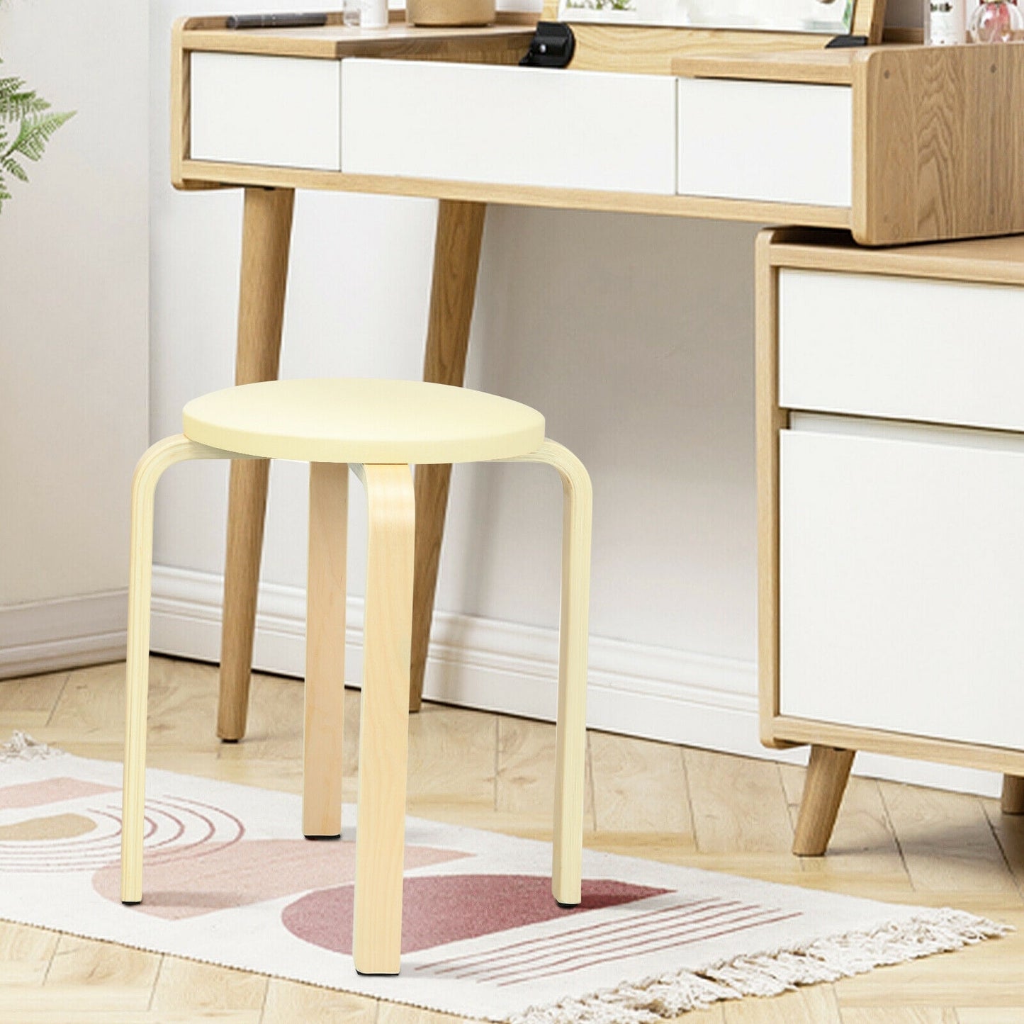 Bentwood Stackable Stools with PU Leather Cushioned Seat – Set of 4, Beige