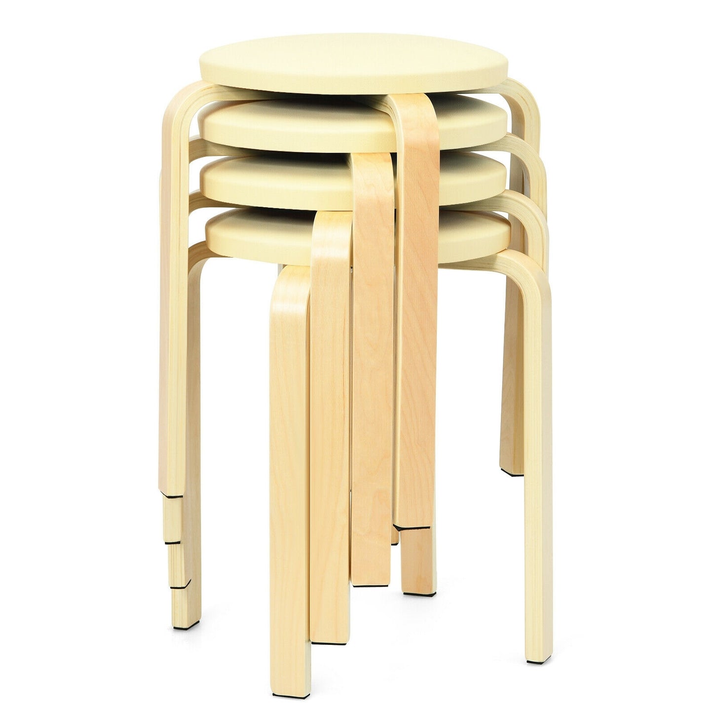 Bentwood Stackable Stools with PU Leather Cushioned Seat – Set of 4, Beige