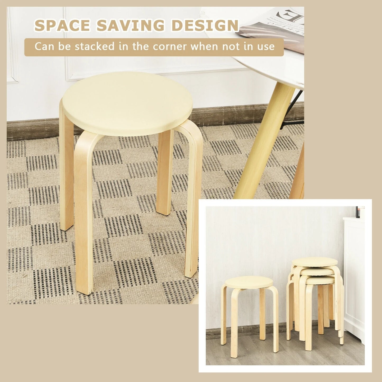 Bentwood Stackable Stools with PU Leather Cushioned Seat – Set of 4, Beige