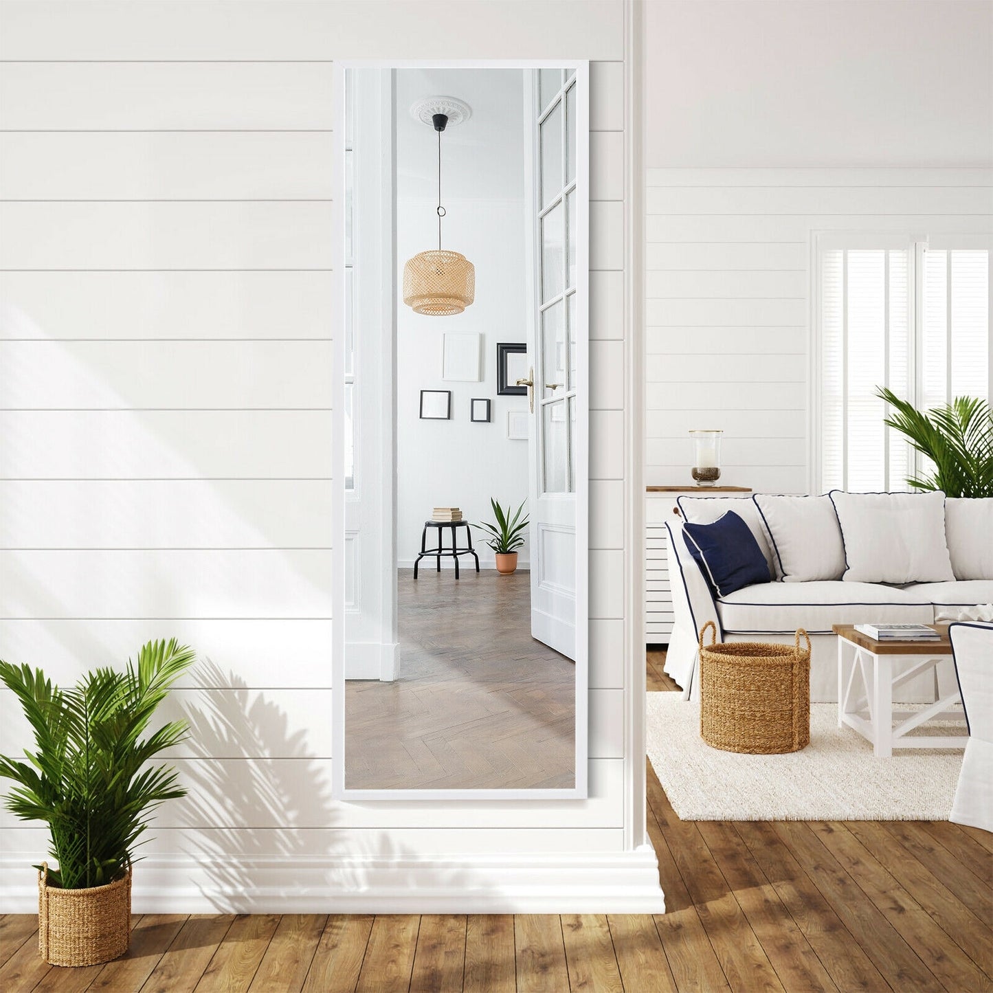 42.5 Inch Full Length Metal Mirror with Adjustable Hooks for Wall or Door Mounting - White