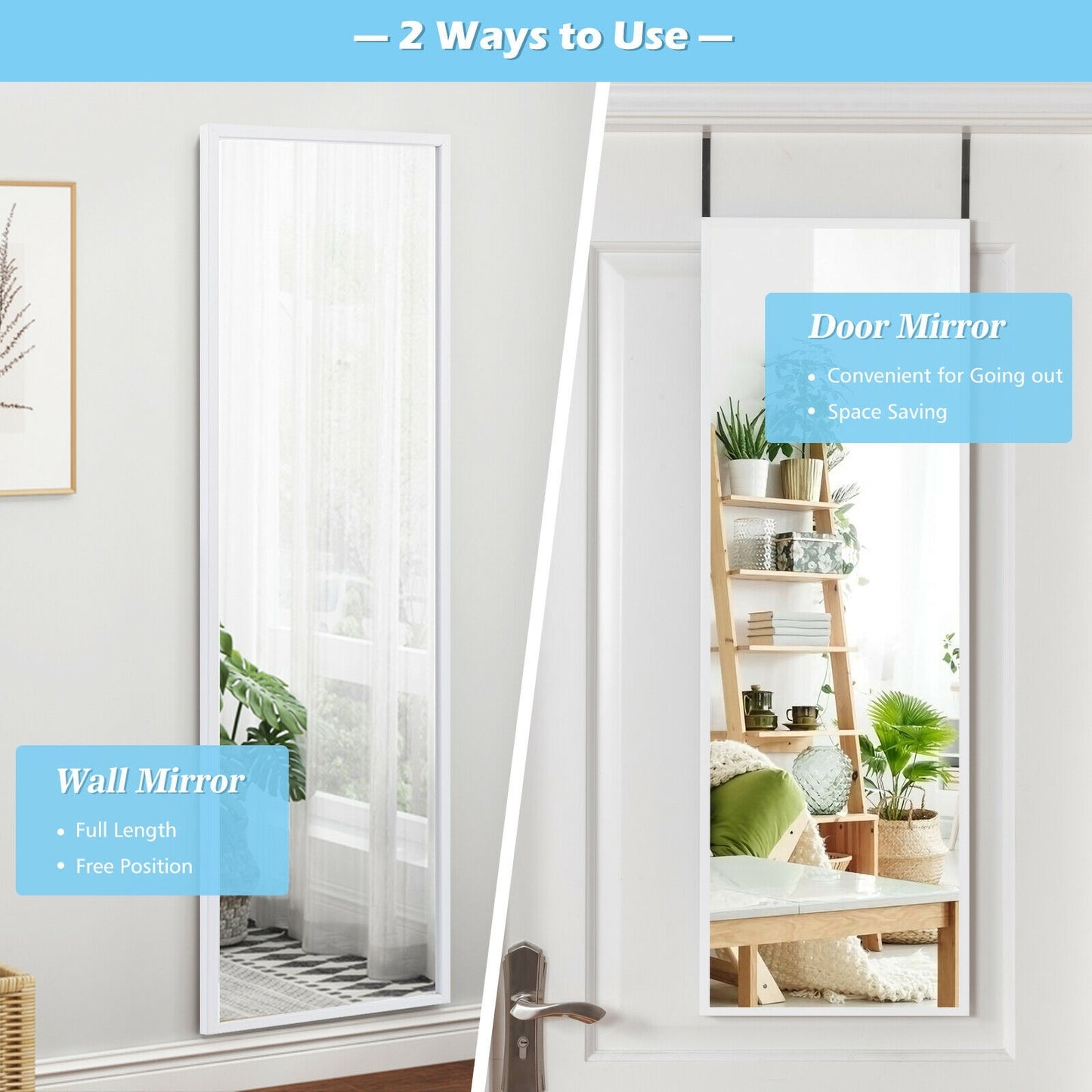 42.5 Inch Full Length Metal Mirror with Adjustable Hooks for Wall or Door Mounting - White