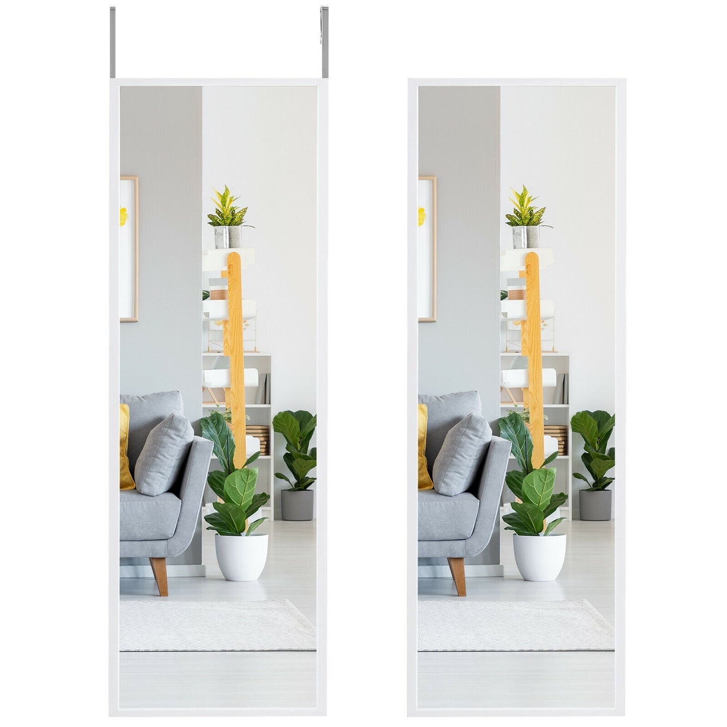 42.5 Inch Full Length Metal Mirror with Adjustable Hooks for Wall or Door Mounting - White