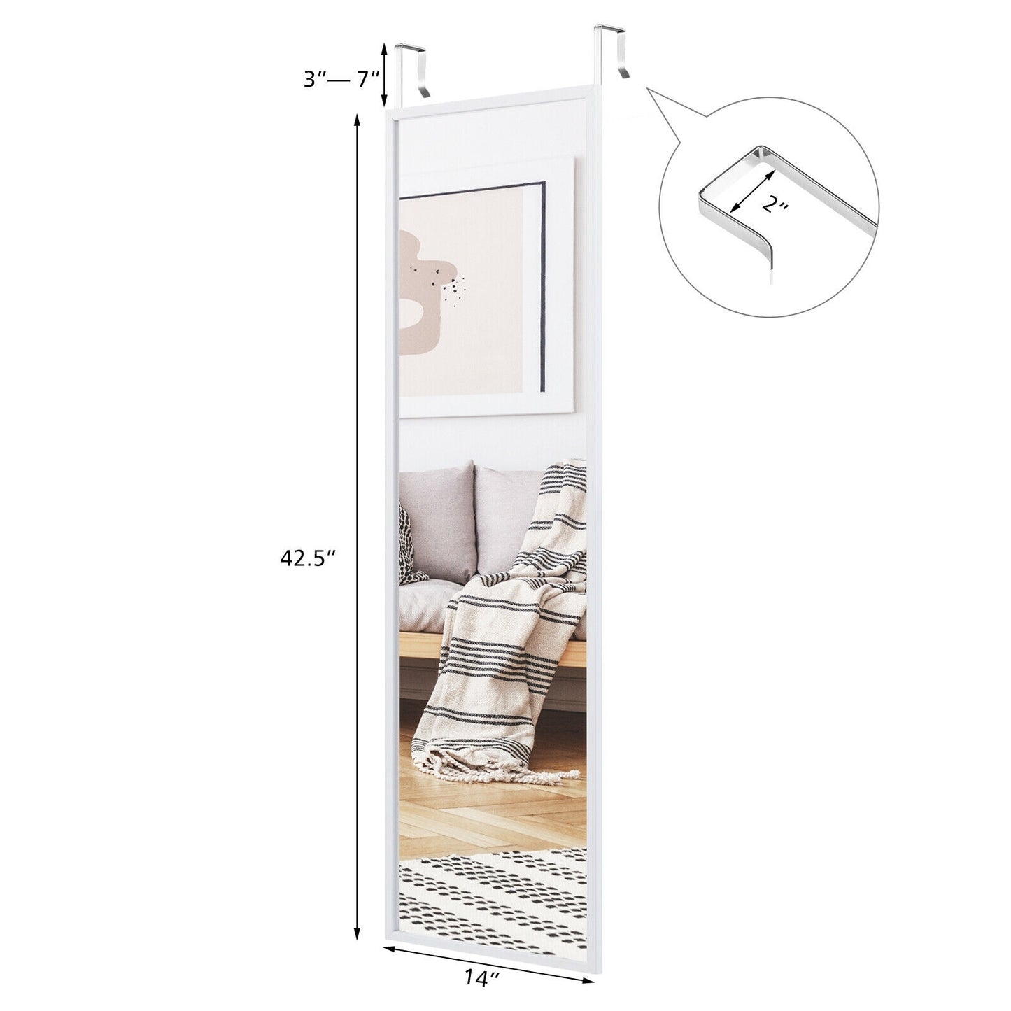 42.5 Inch Full Length Metal Mirror with Adjustable Hooks for Wall or Door Mounting - White