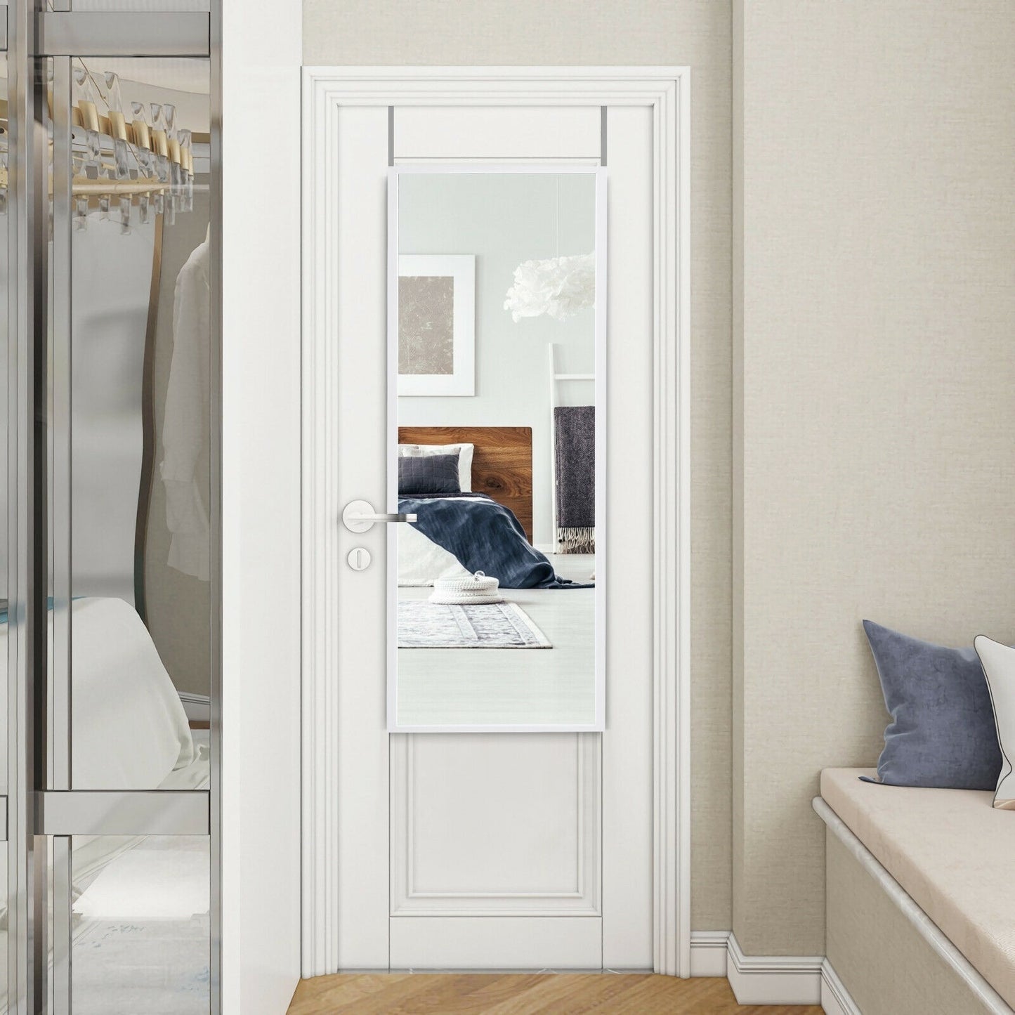 42.5 Inch Full Length Metal Mirror with Adjustable Hooks for Wall or Door Mounting - White