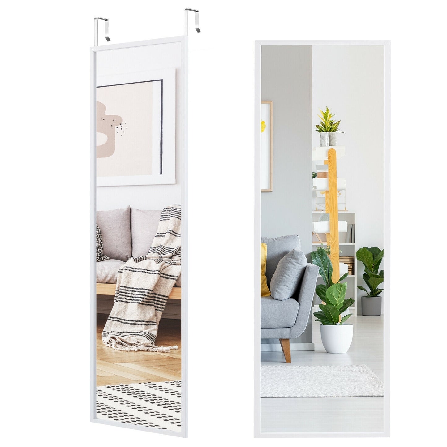 42.5 Inch Full Length Metal Mirror with Adjustable Hooks for Wall or Door Mounting - White