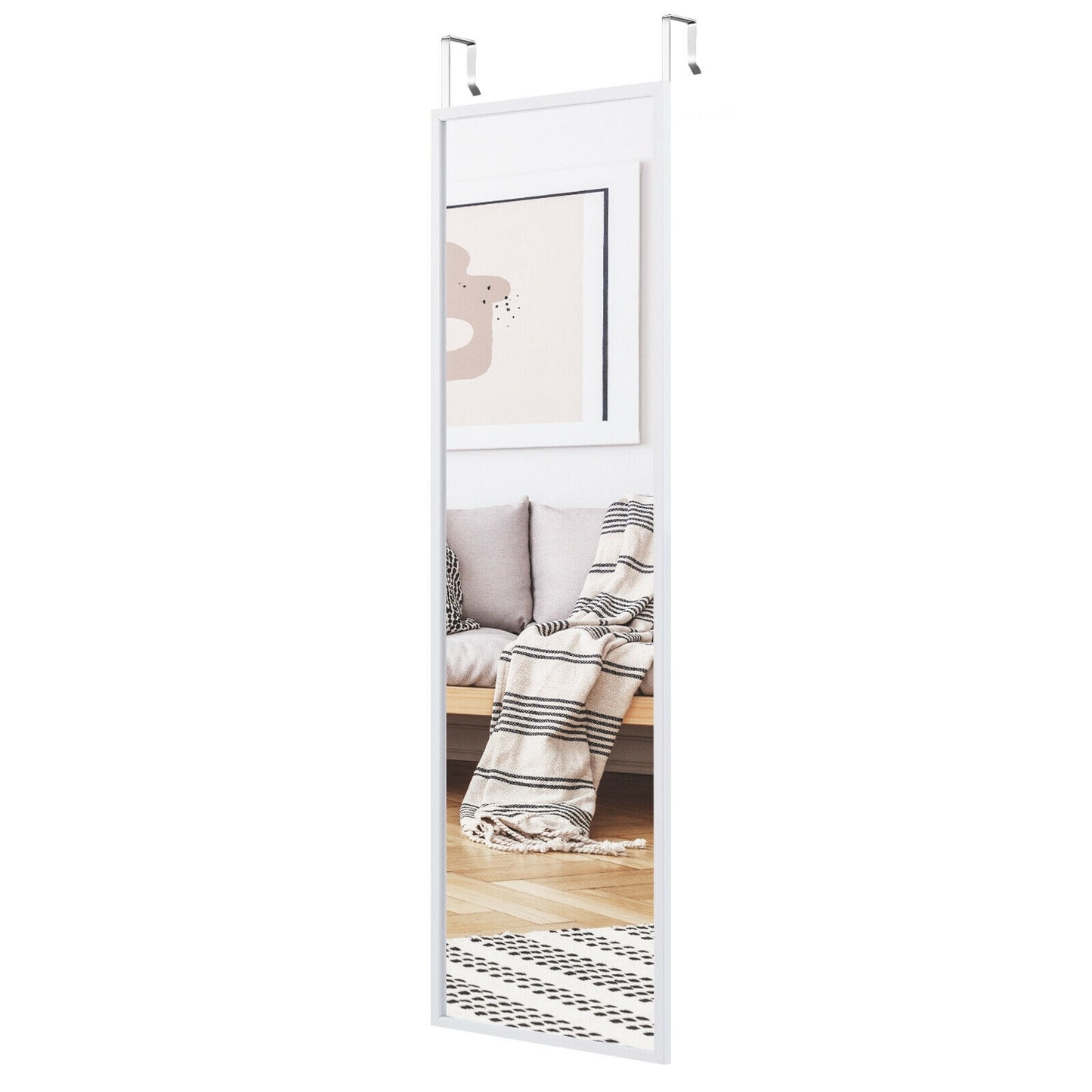 42.5 Inch Full Length Metal Mirror with Adjustable Hooks for Wall or Door Mounting - White