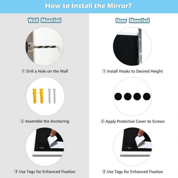 42.5 Inch Full Length Metal Mirror with Adjustable Hooks for Wall or Door Mounting - White