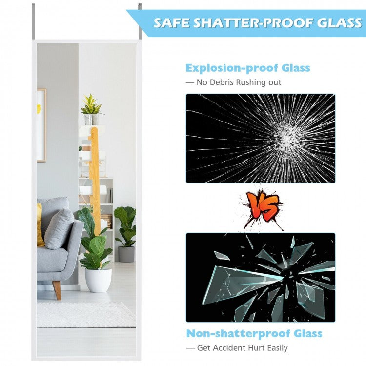 42.5 Inch Full Length Metal Mirror with Adjustable Hooks for Wall or Door Mounting - White