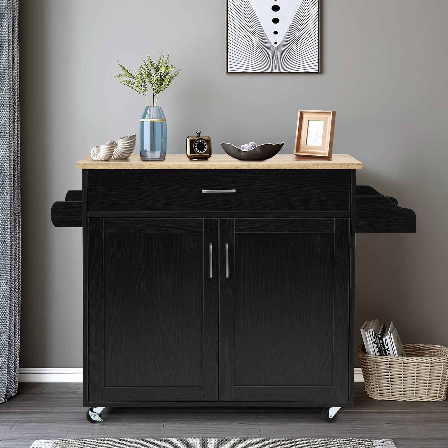 Mobile Kitchen Island Cart with Integrated Towel and Spice Racks in Black