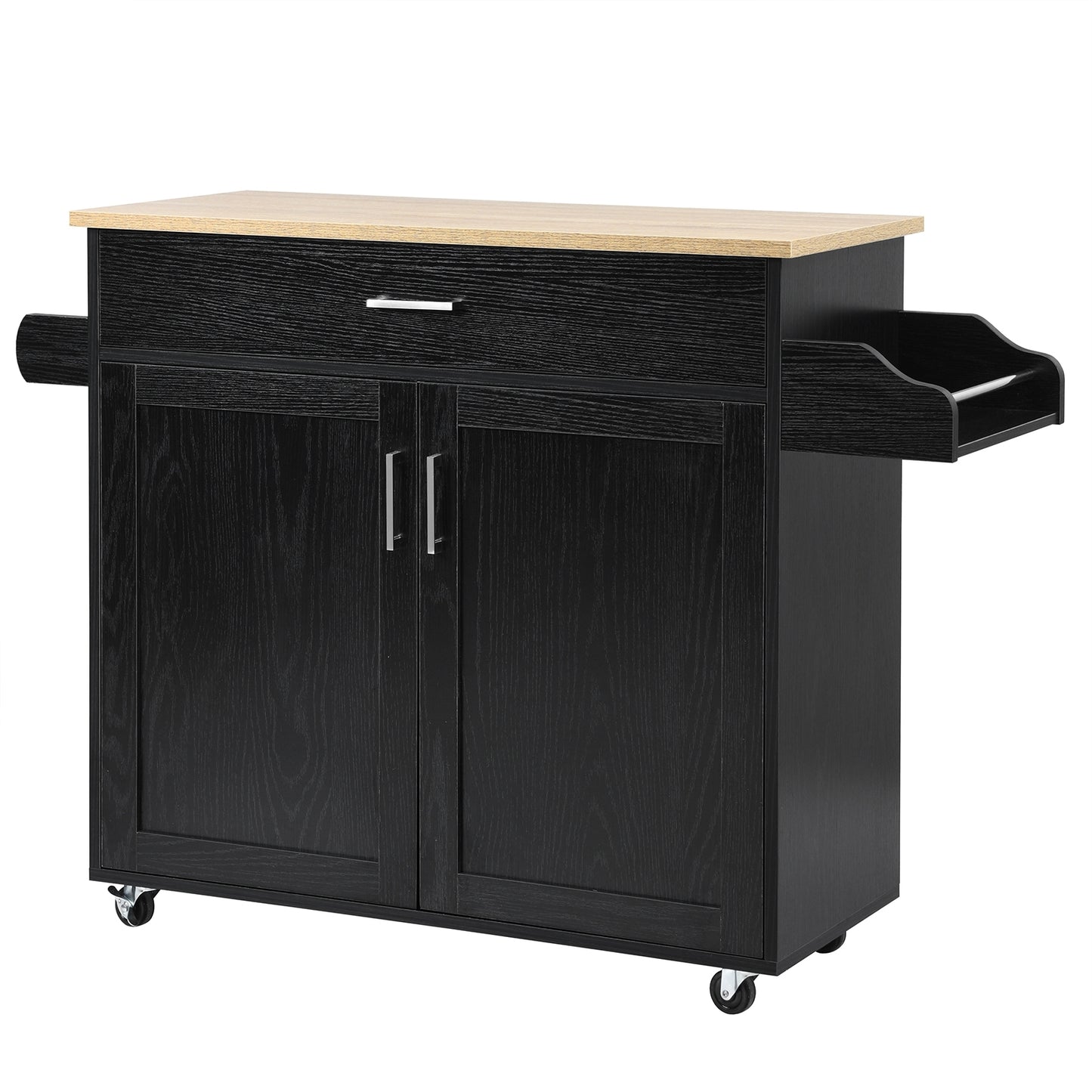 Mobile Kitchen Island Cart with Integrated Towel and Spice Racks in Black
