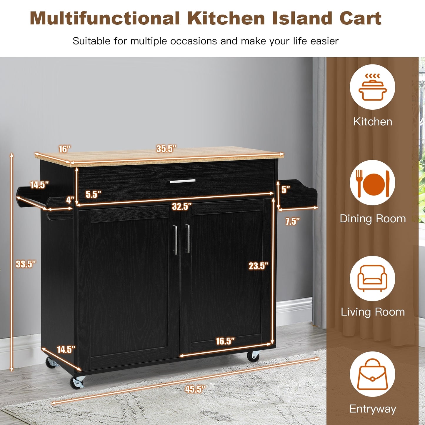 Mobile Kitchen Island Cart with Integrated Towel and Spice Racks in Black