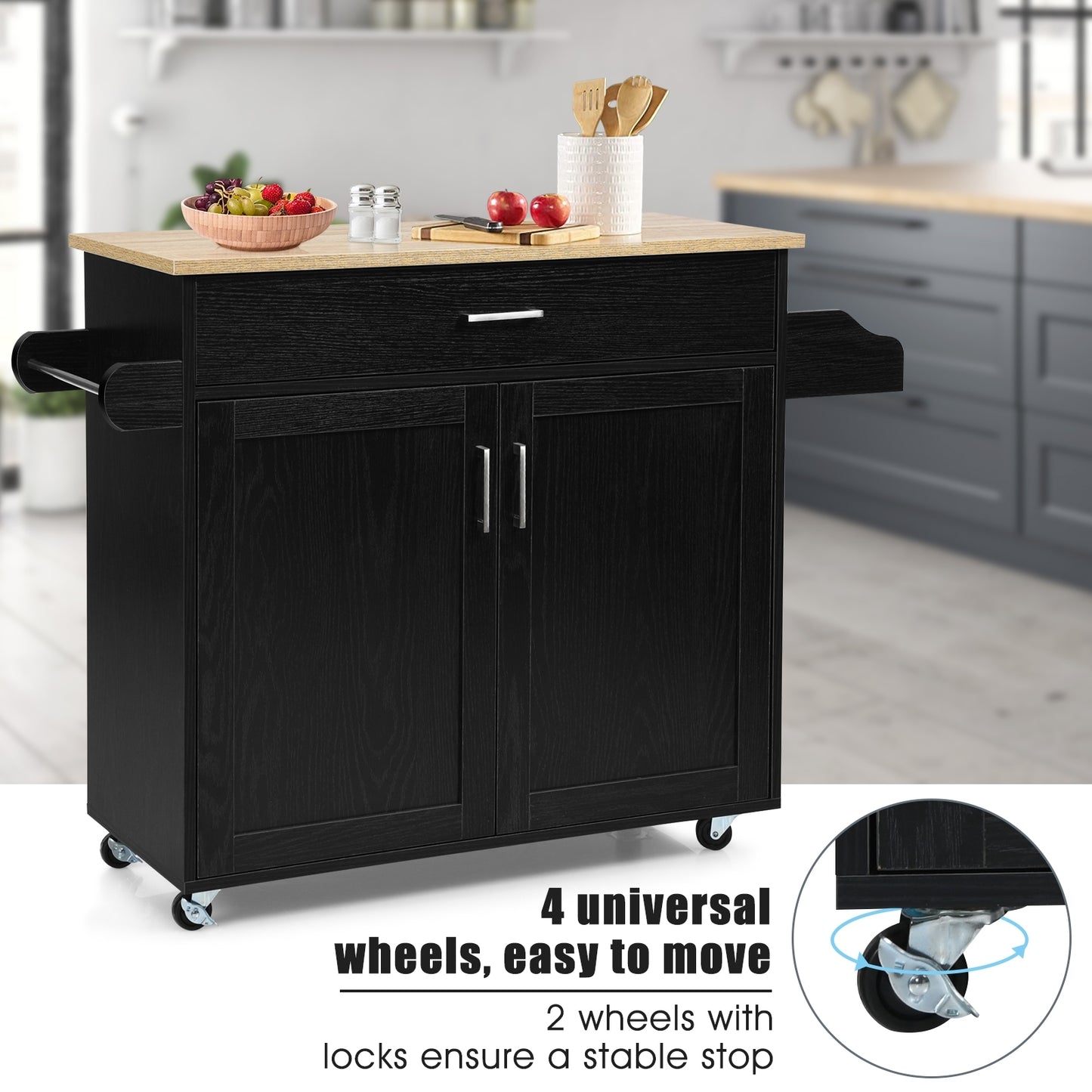 Mobile Kitchen Island Cart with Integrated Towel and Spice Racks in Black
